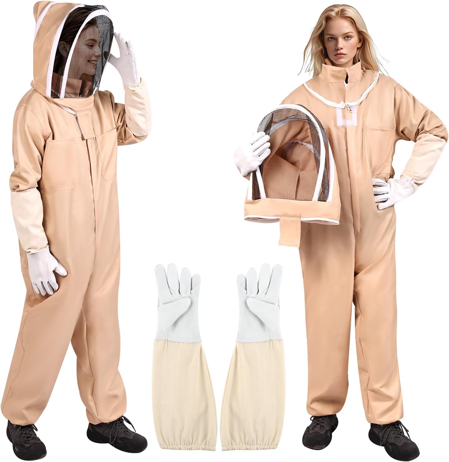 Professional Beekeeping Suit Outfit Apiarist Full Body Suit Beekeeping Jacket with Gloves &Ventilated Hood Beekeeper Hat for Backyard Beginner Beekeepers (Apricot, L/5'3"-5'7")