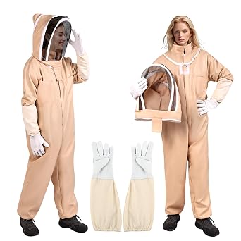 Professional Beekeeping Suit Outfit Apiarist Full Body Suit Beekeeping Jacket with Gloves &Ventilated Hood Beekeeper Hat for Backyard Beginner Beekeepers Apricot, XL/57"-511"