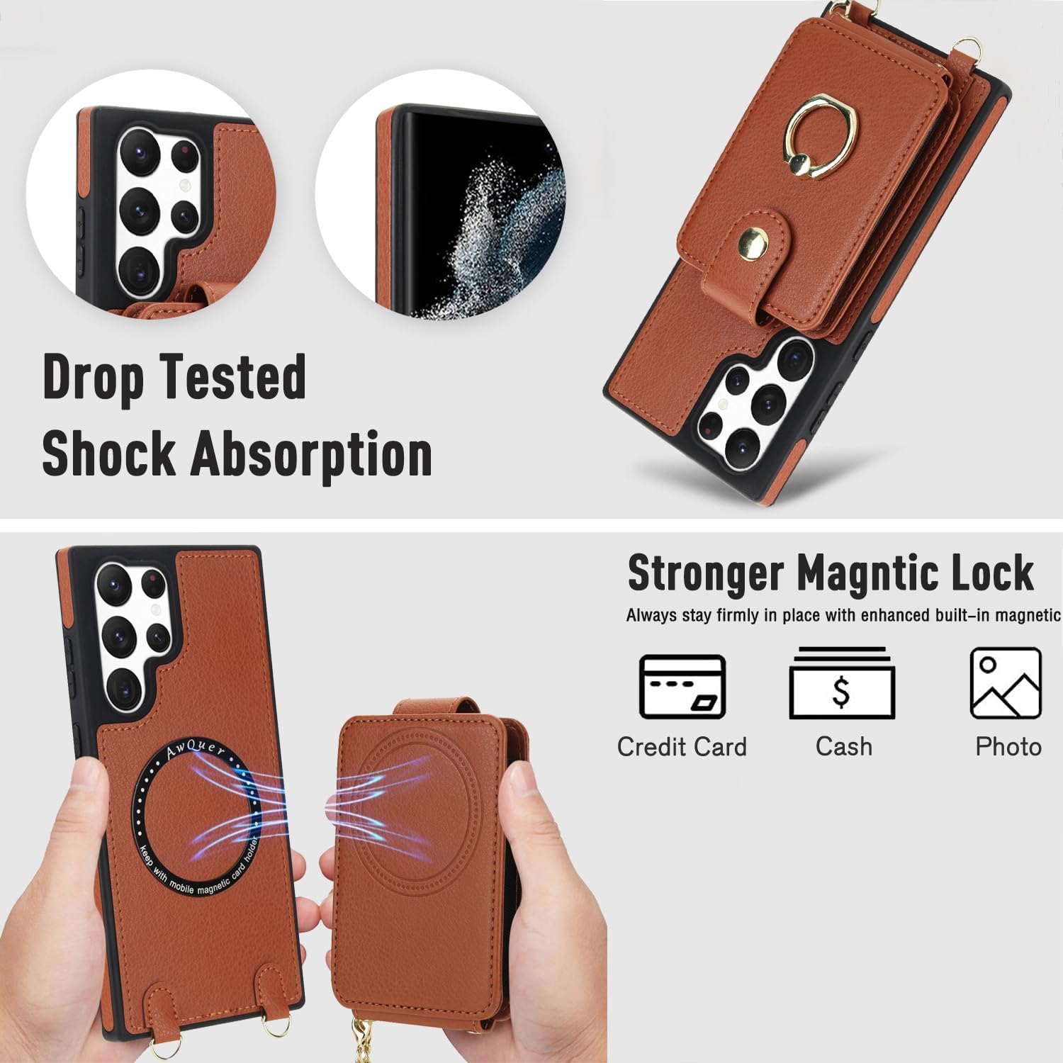 Phone Case for Samsung Galaxy S22 Ultra 5G Magnetic Wallet Cover and Screen Protector Ring Kickstand Compatible with MagSafe RFID Blocking S22ultra 22S S 22 S22U S22ultra5g for Women Men Brown