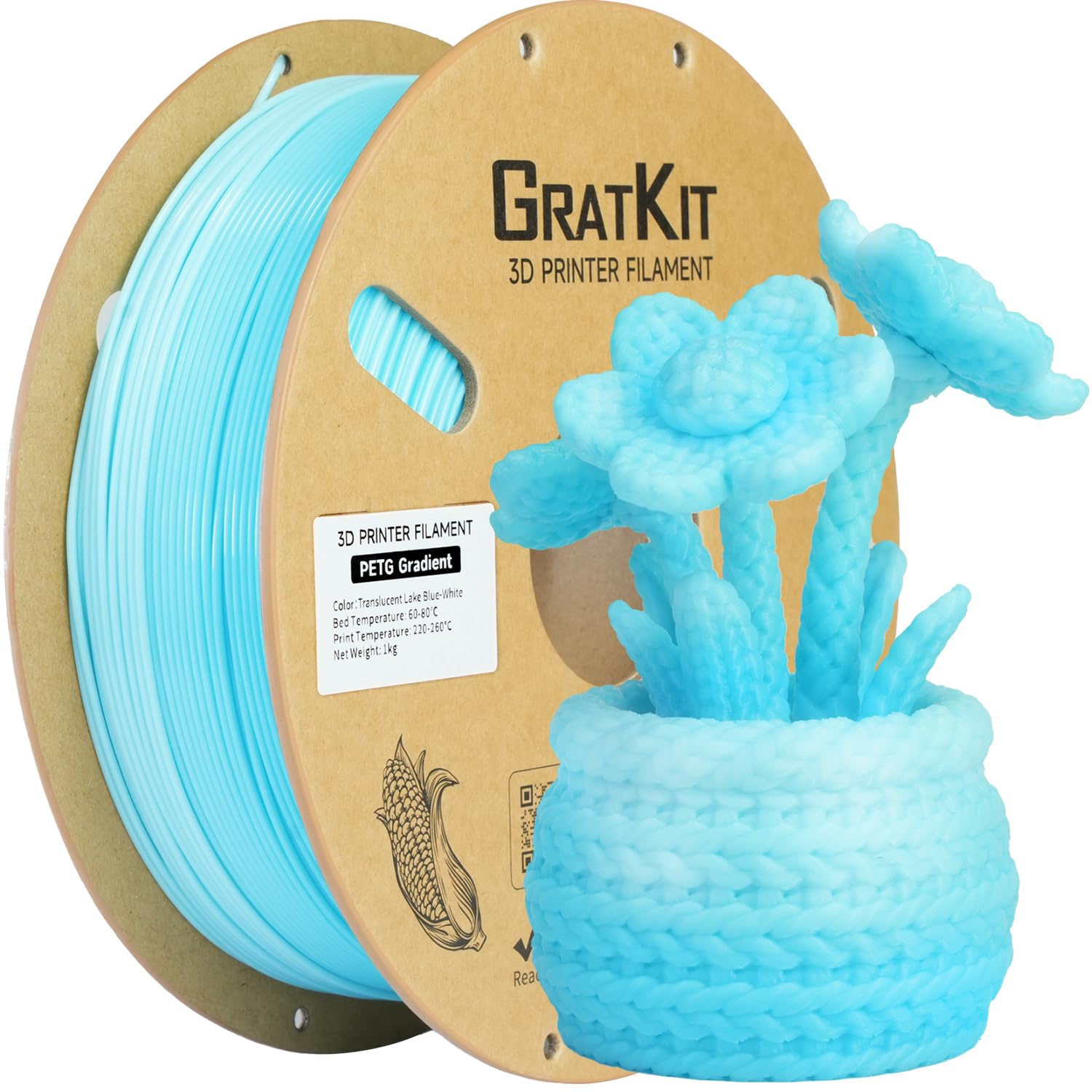 GratKit Gradient PETG Filament, 1.75mm, 1kg, Translucent Lake Blue White