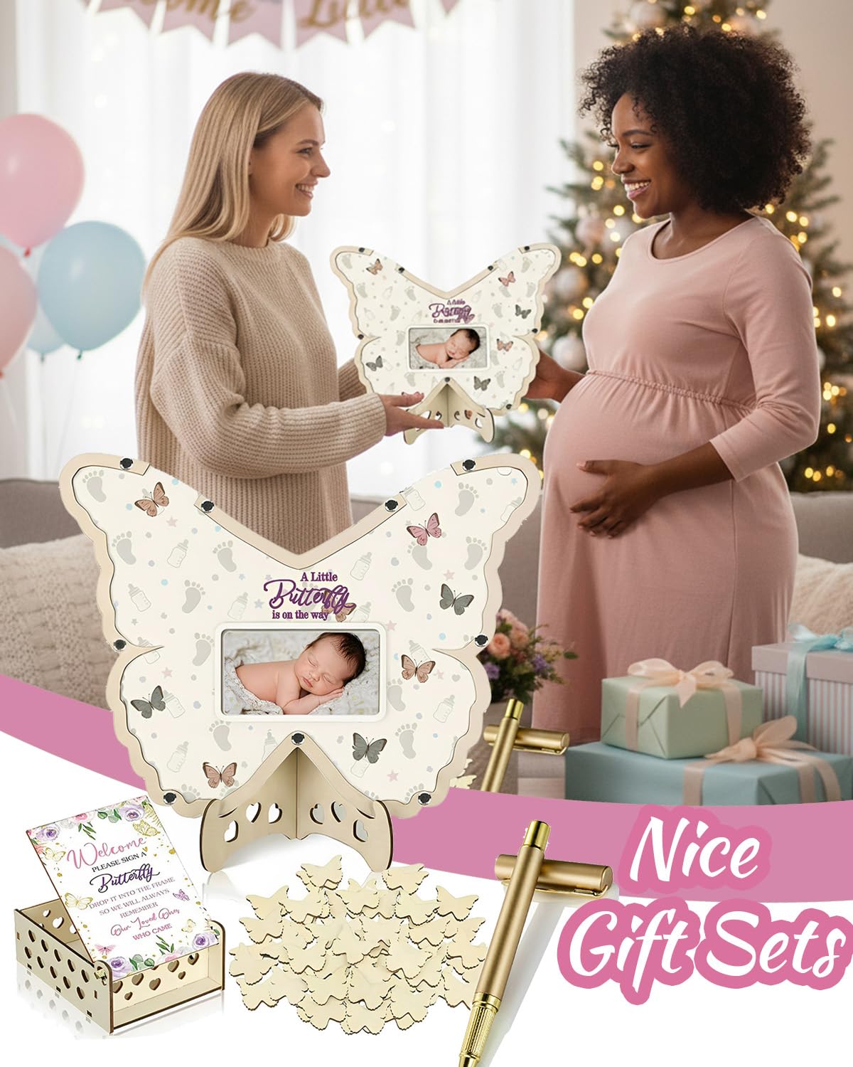 63 pezzi Farfalla Baby Shower Guest Book Alternative Set Decorazioni Baby Shower con Cornice Fotografica Sonogramma Cornice Ricordo 60 Fette di Legno Libro degli ospiti per Compleanno