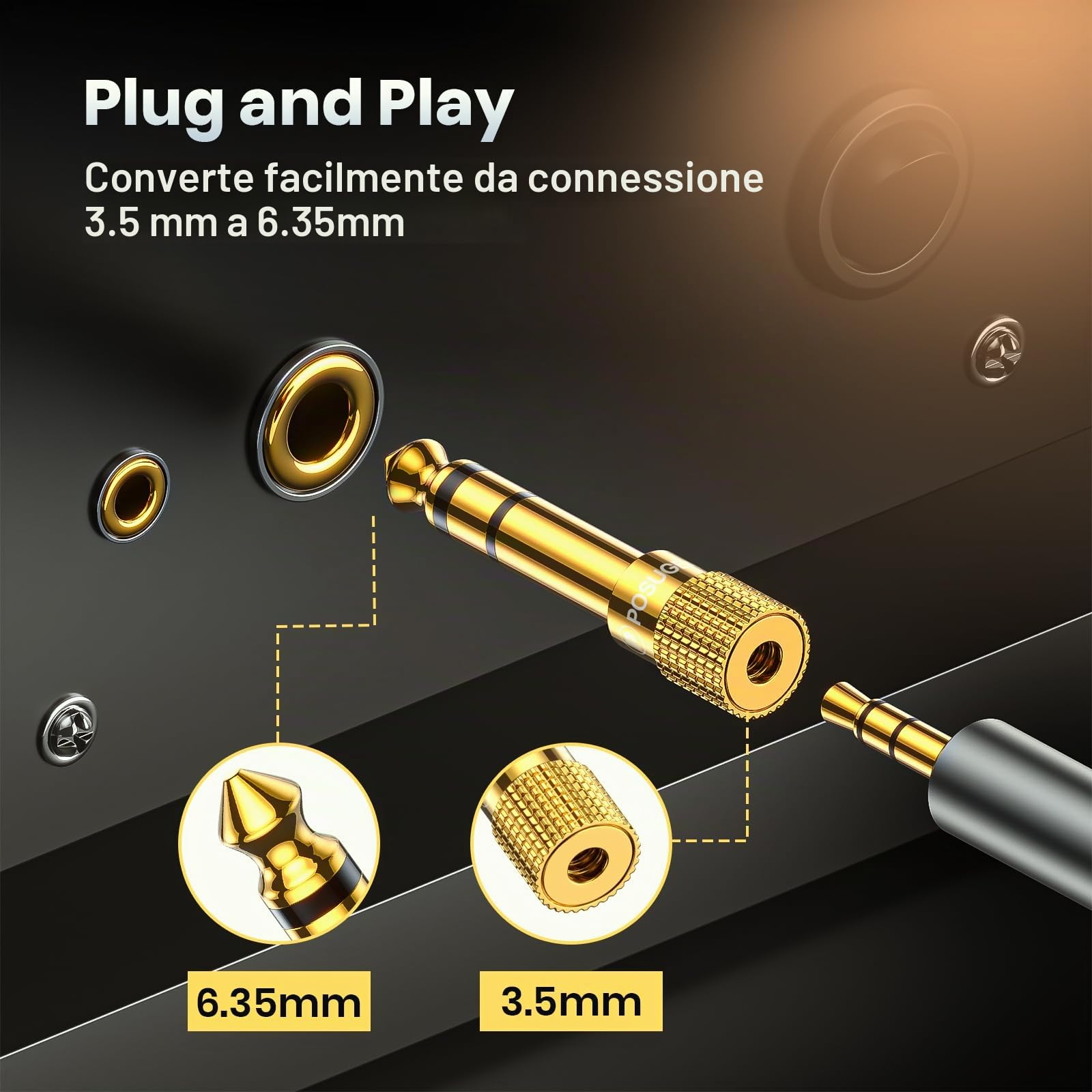 POSUGEAR Adattatore Jack Cuffie 6,35 mm maschio a 3.5mm femmina, Connettore Jack Cuffie Stereo 6.3 a 3.5 Placcato oro Compatibile Altoparlante,Mixer Audio ect
