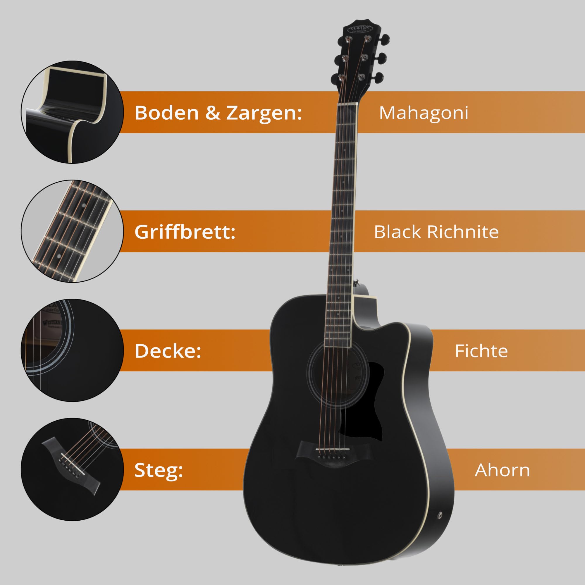 Classic Cantabile WS-20 BKEQ Dreadnought Westerngitarre - Akustikgitarre mit Stahlsaiten - Gitarre mit Tonabnehmer und 3-Band Equalizer - Geschlossene und Gummierte Chrom-Mechaniken - Schwarz