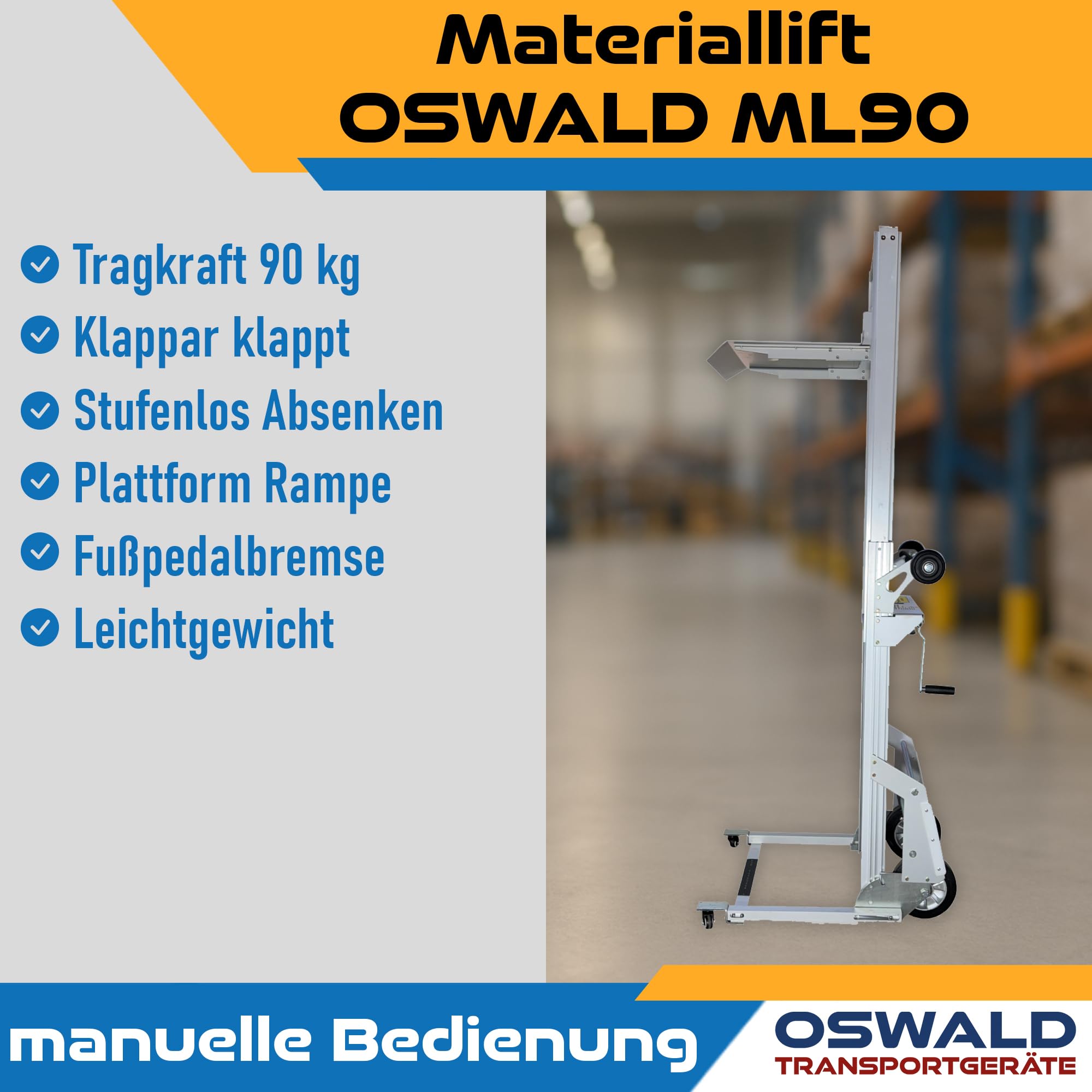Materiallift ML90 - klappbar mit Plattform - 90 kg Tragkraft - 1550 mm Hubhöhe - Stapler Hubwagen