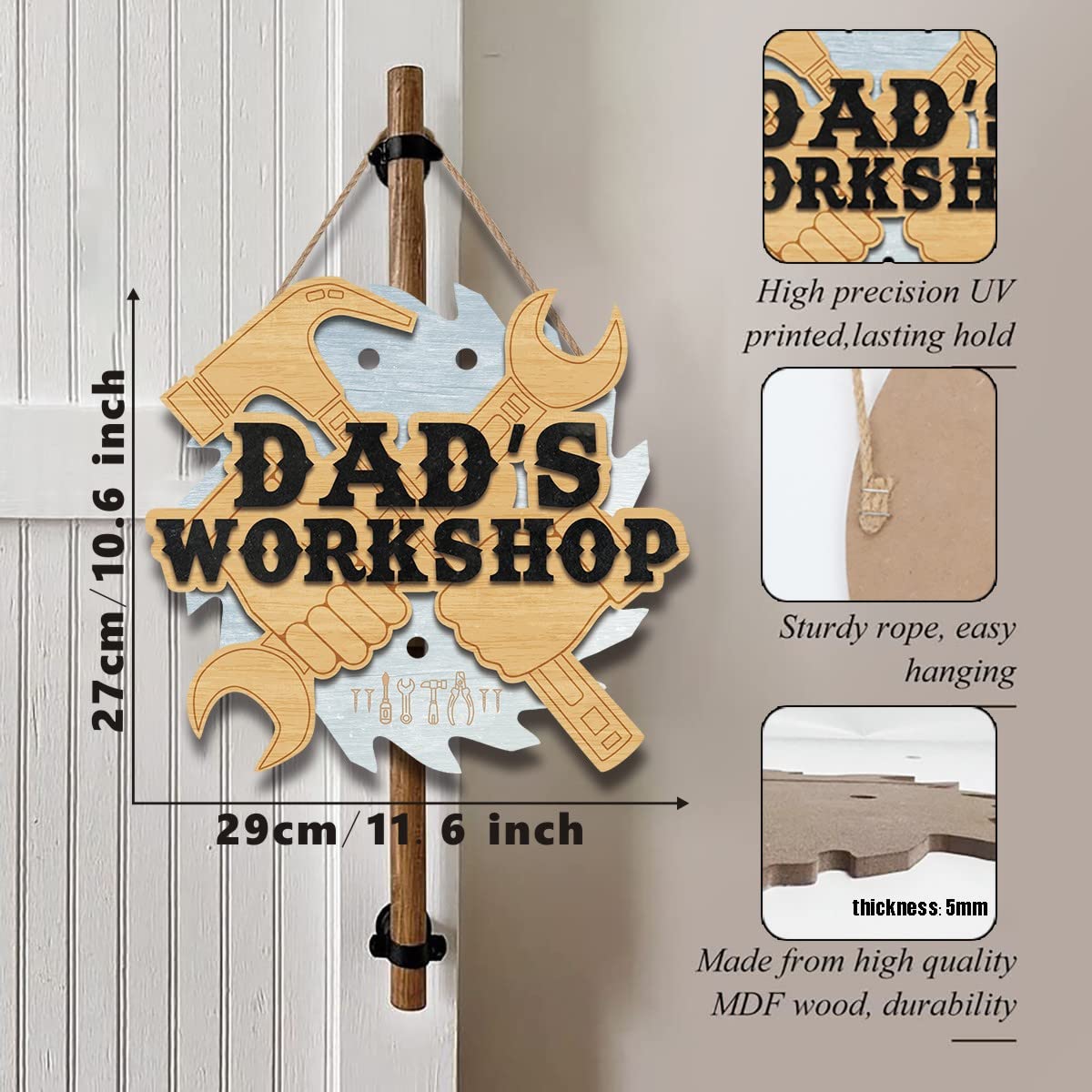 Targa In Legno Per Porta "Papas Service 24 Std." - Regalo Per La Festa Del Papà - Decorazione Rustica 19x11 Cm Per Garage O Officina