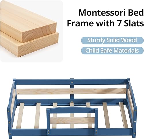Miniatura 6 de Cama estándar para cuna, base de cama baja Montessori de madera con 2 entradas y barandillas seguras para niños y niñas, azul niebla Azul (Mist