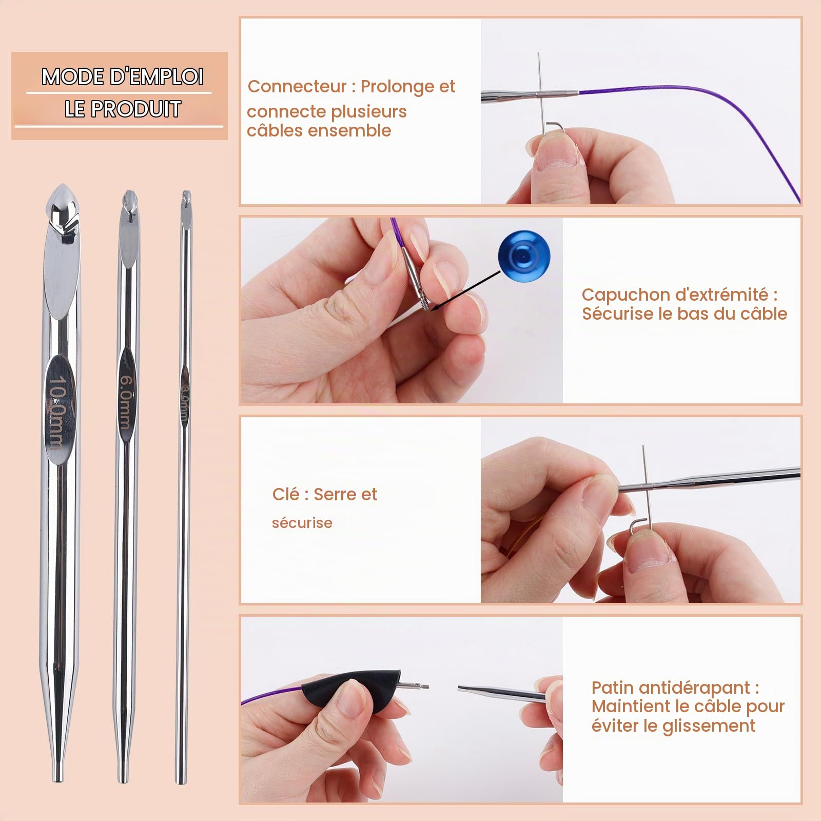 Gosknor Crochet Tunisien avec Cable, en Aluminium Aiguilles à Tricoter Interchangeables Tricot Kit 3 mm-10 mm Crochets Longs avec Étui pour Projets de Tissage Tricot et de Crochet