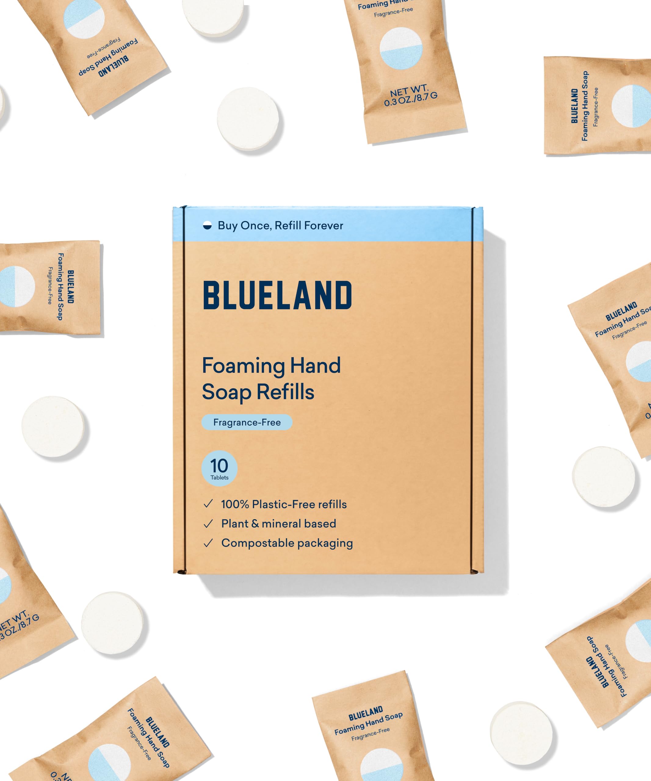 BLUELAND Foaming Hand Soap Refills - 10 Pack Tablets, Fragrance Free, Eco Friendly Hand Soap and Cleaning Products - Makes 10 x 9 Fl oz bottles (90 Fl oz total)