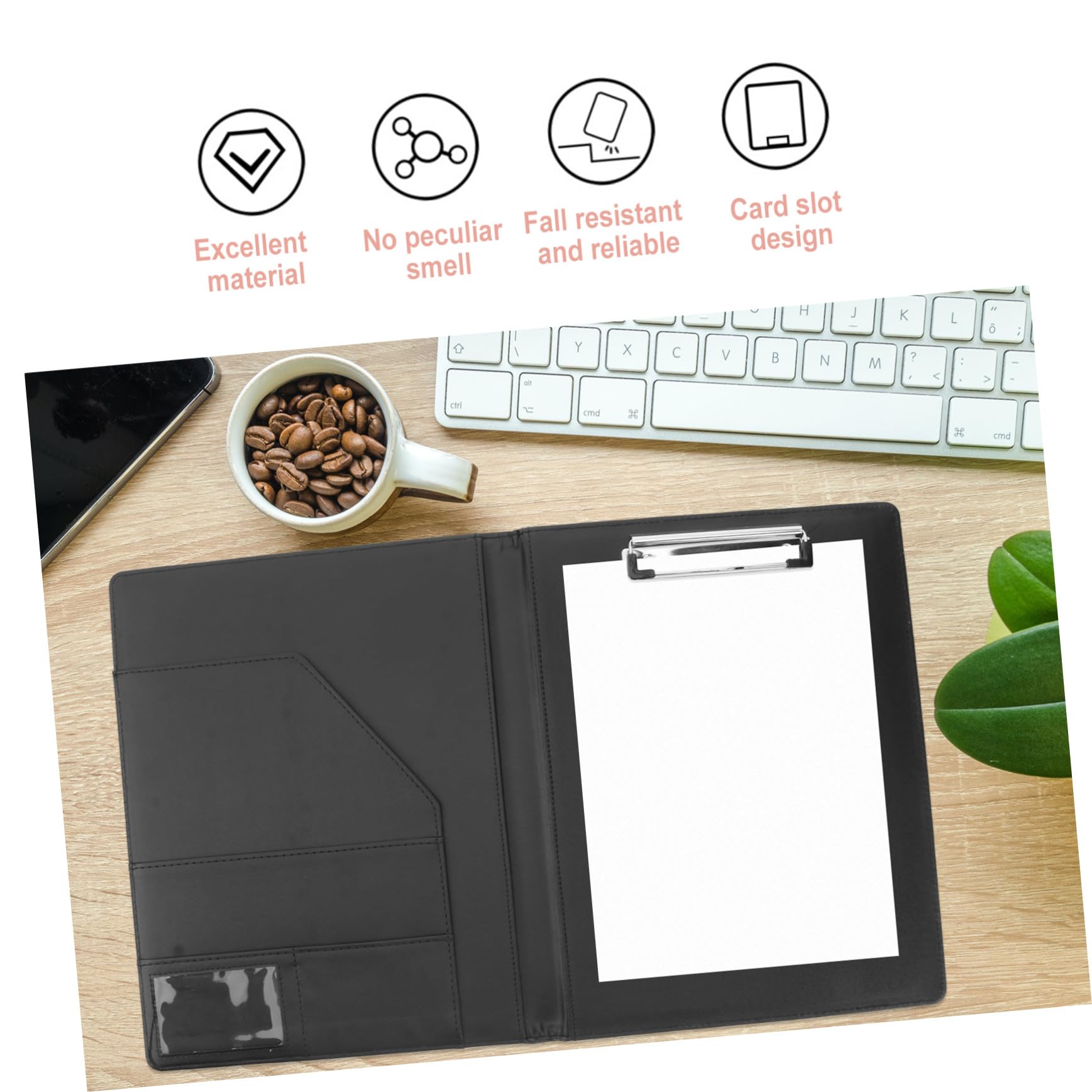 Leder Dokumentenmappe Multifunktionaler Organizer mit Edelstahlklammer Schreibblock Stifthalter für Büro Schule Konferenzen Schwarze Premium Mappe für Akten und Unterlagen