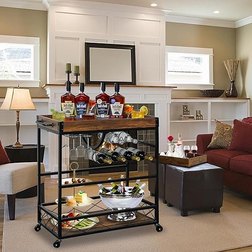 Miniatura 2 de Ohsuaniy Carrito de bar para el hogar, carrito de servicio industrial de 3 neumáticos con ruedas bloqueables, carrito de bebidas alcohólicas con 2