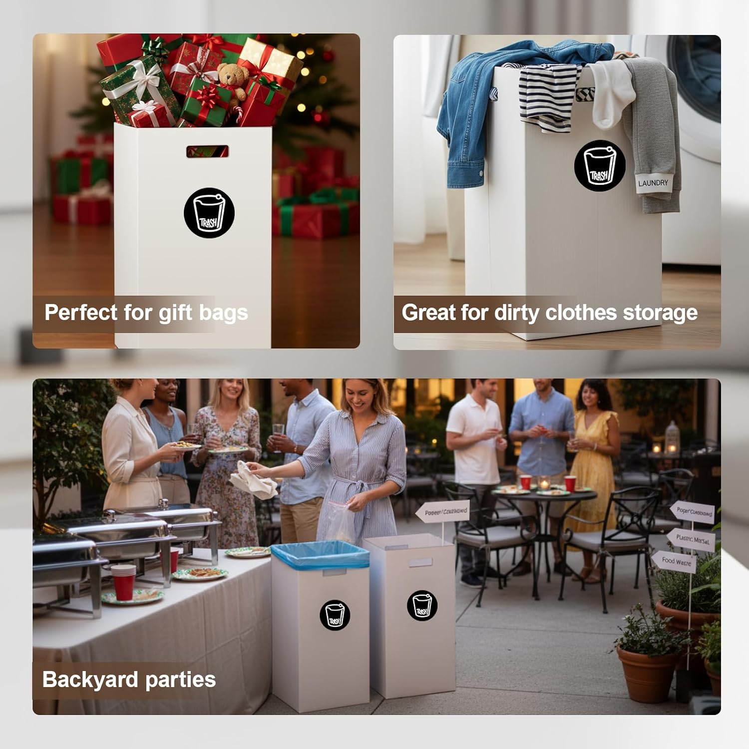 4 Pack Disposable Trash Cans for Parties, 30 Gallon Extra Large Thick Recycled Corrugated Cardboard Trash Bin, Collapsible Garbage Cans with 8 Bags for Wedding, Birthday, Backyard Party Event