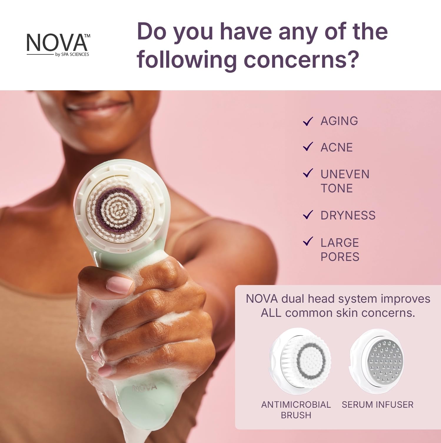 Spa Sciences - NOVA - Sonic Cleansing Brush with Bristles & Infusion System – Anti-Aging Facial Exfoliating, Waterproof, and USB Rechargeable