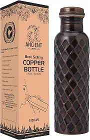 Garrafa de água de cobre puro 950 ml (acabamento diamante antigo premium) | Garrafa de cobre ayurvédica para benefícios à saúde | Garrafa de bebida à prova de vazamento, sem juntas e ecológica para