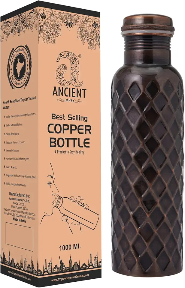 Garrafa de água de cobre puro 950 ml (acabamento diamante antigo premium) | Garrafa de cobre ayurvédica para benefícios à saúde | Garrafa de bebida à prova de vazamento, sem juntas e ecológica para