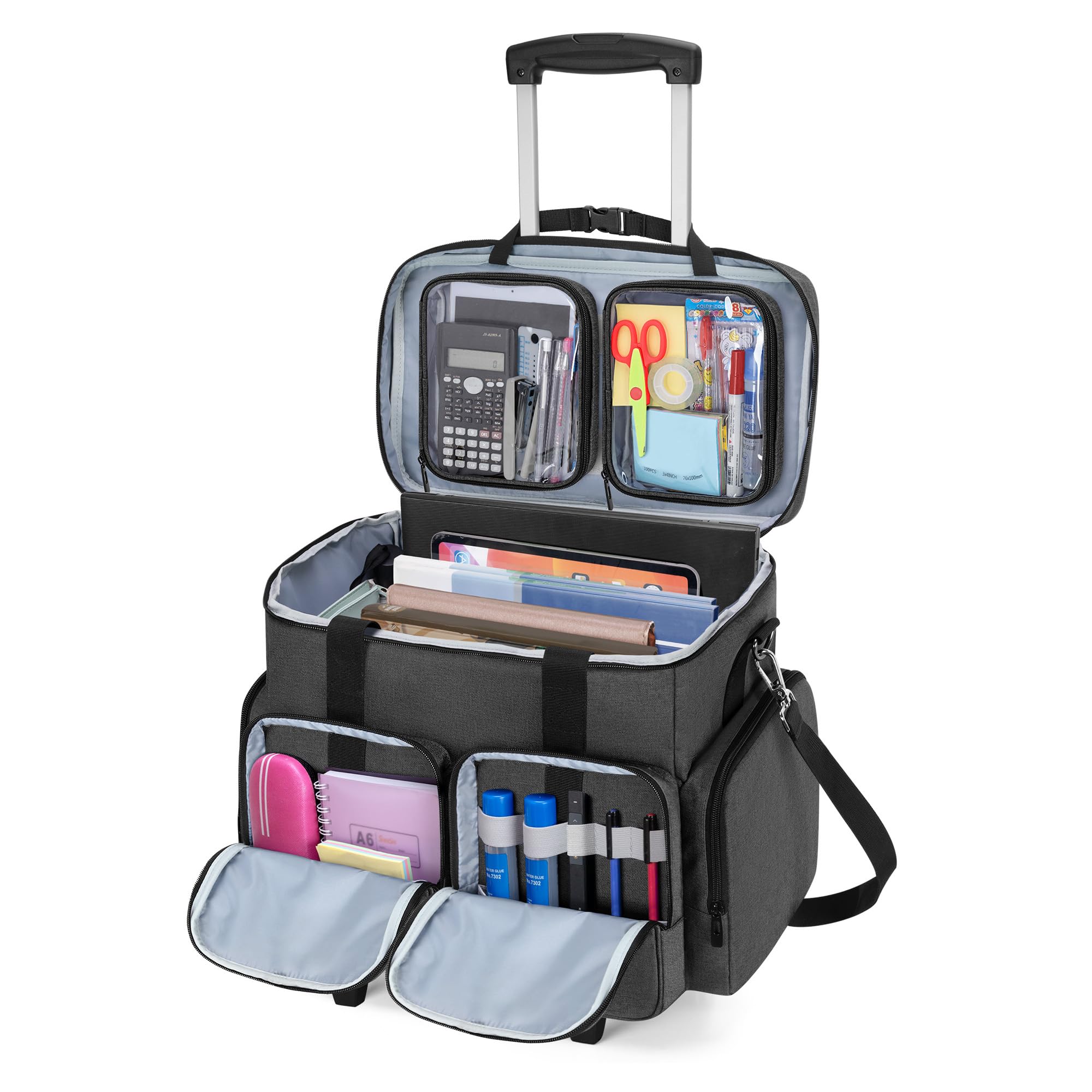 CURMIO Rolling Teacher Tote Bag with Padded Laptop Compartment for up to 15.6 Inches Laptop, Wheeled Teacher Bag for Teaching, Office, Craft, Black