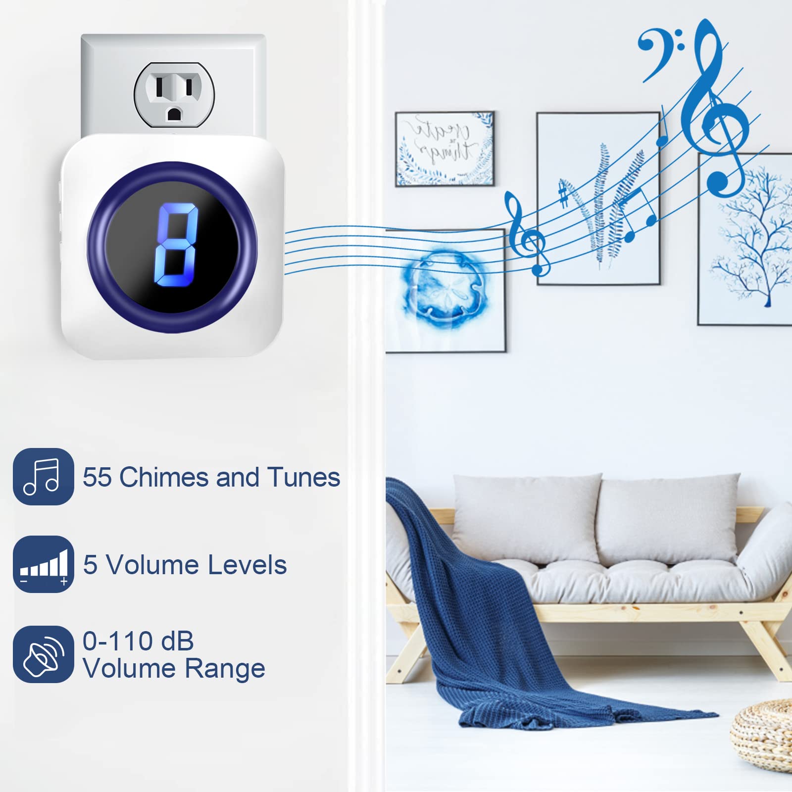 Timbre de puerta inalámbrico impermeable de 1 pie con 3 botones inalámbricos que funcionan con pilas con 55 melodías, 5 niveles de volumen, pantalla digital LED de números para el hogar con 3