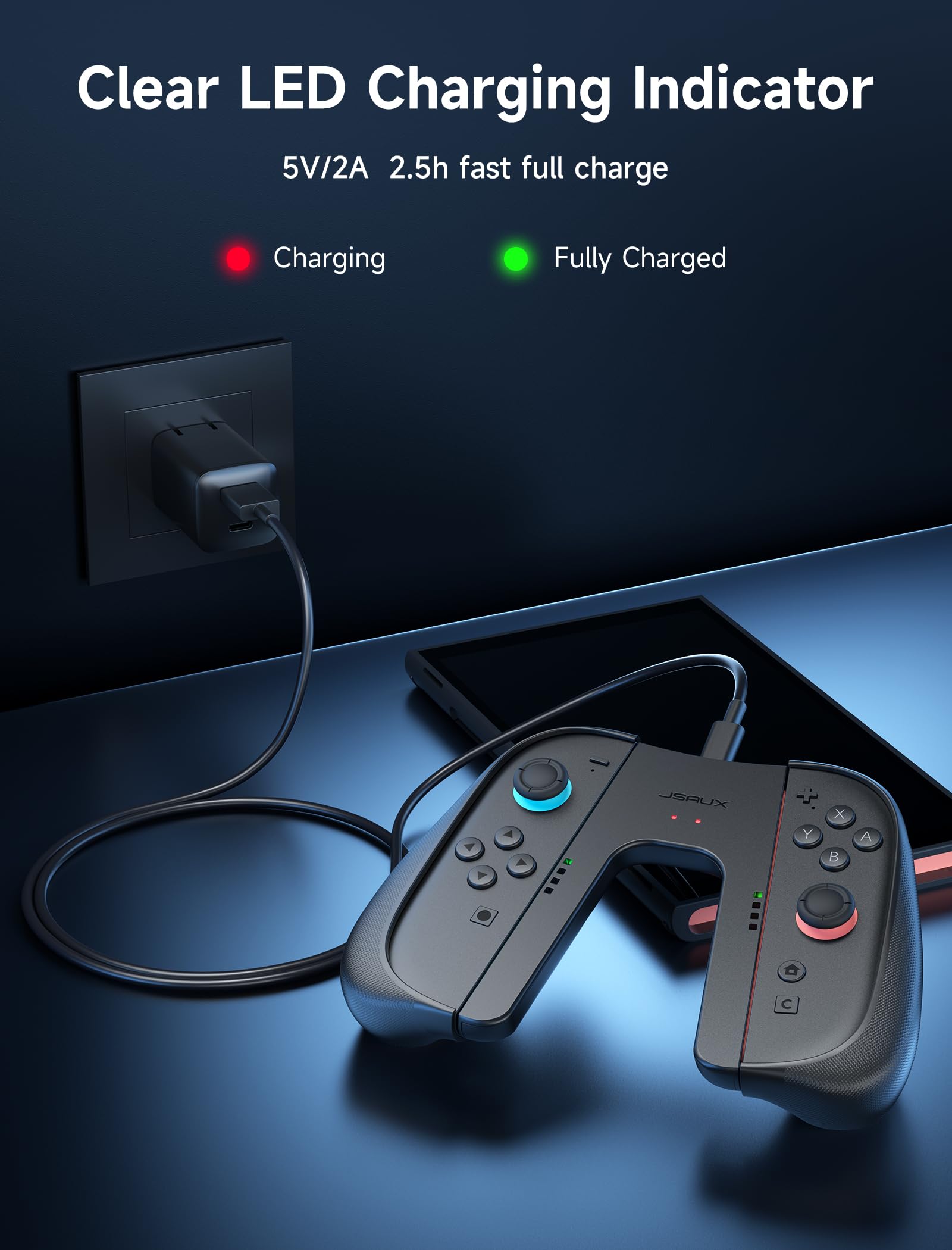 JSAUX Antypoślizgowy, ergonomiczny uchwyt ładujący do Switch 2, magnetyczny uchwyt kontrolera do JoyPadów Switch 2, możliwość grania podczas ładowania z diodą LED i kablem 1,5 m – czarny