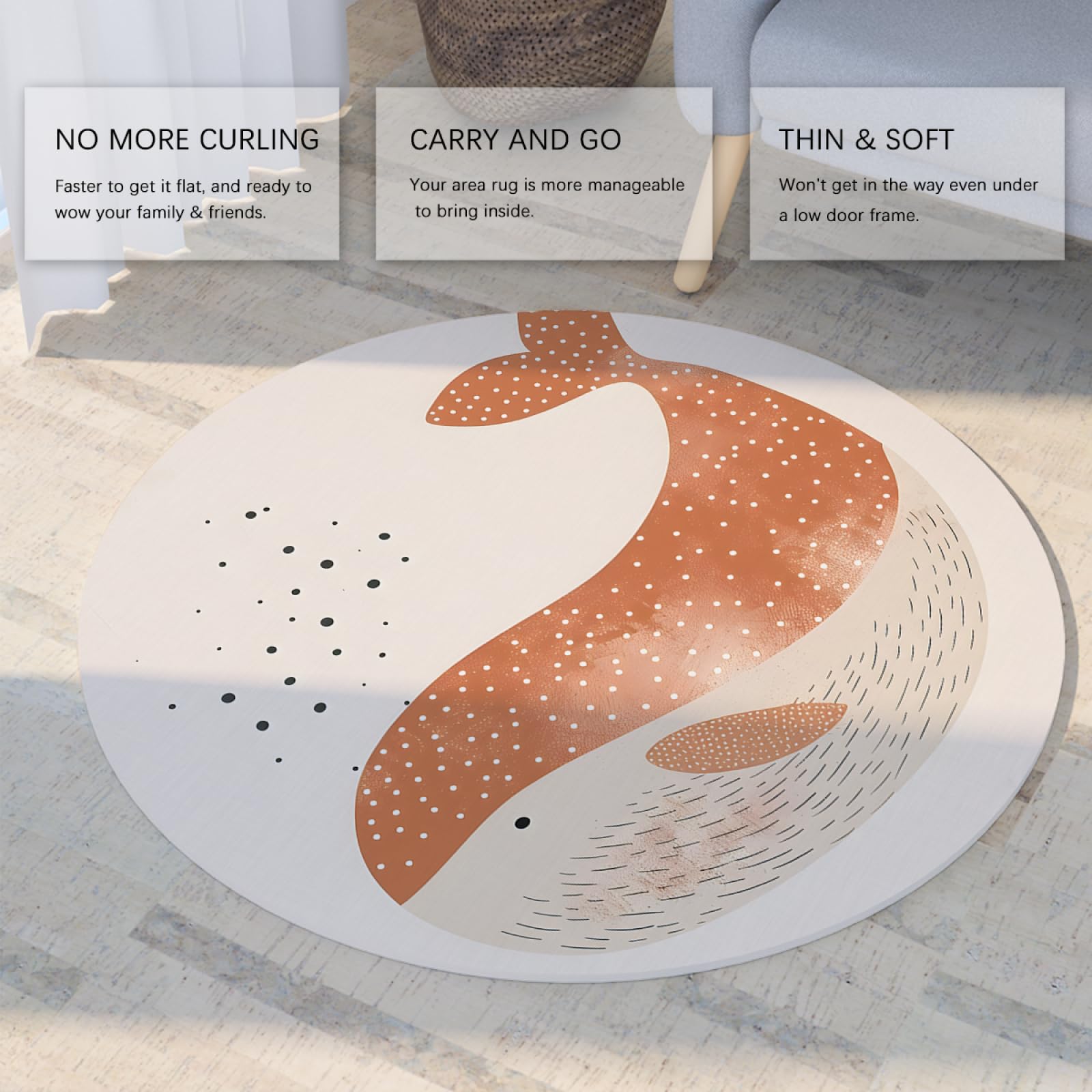 Tapis Ronds de Style Dessin animé 100cm Vie Marine Mignon Motif Baleine Lavable antidérapant Pliable Mince Cercle Tapis pour canapé Salle à Manger