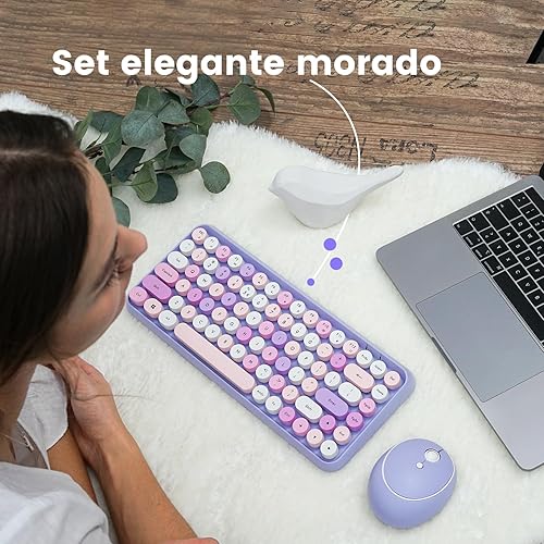 Miniatura 3 de Perixx PERIDUO-713PP ES Conjunto de ratón y Mini teclado inalámbrico 2.4 GHz, Teclas redondas Estilo Retro, para PC y Tablet, Morado Pastel, Español