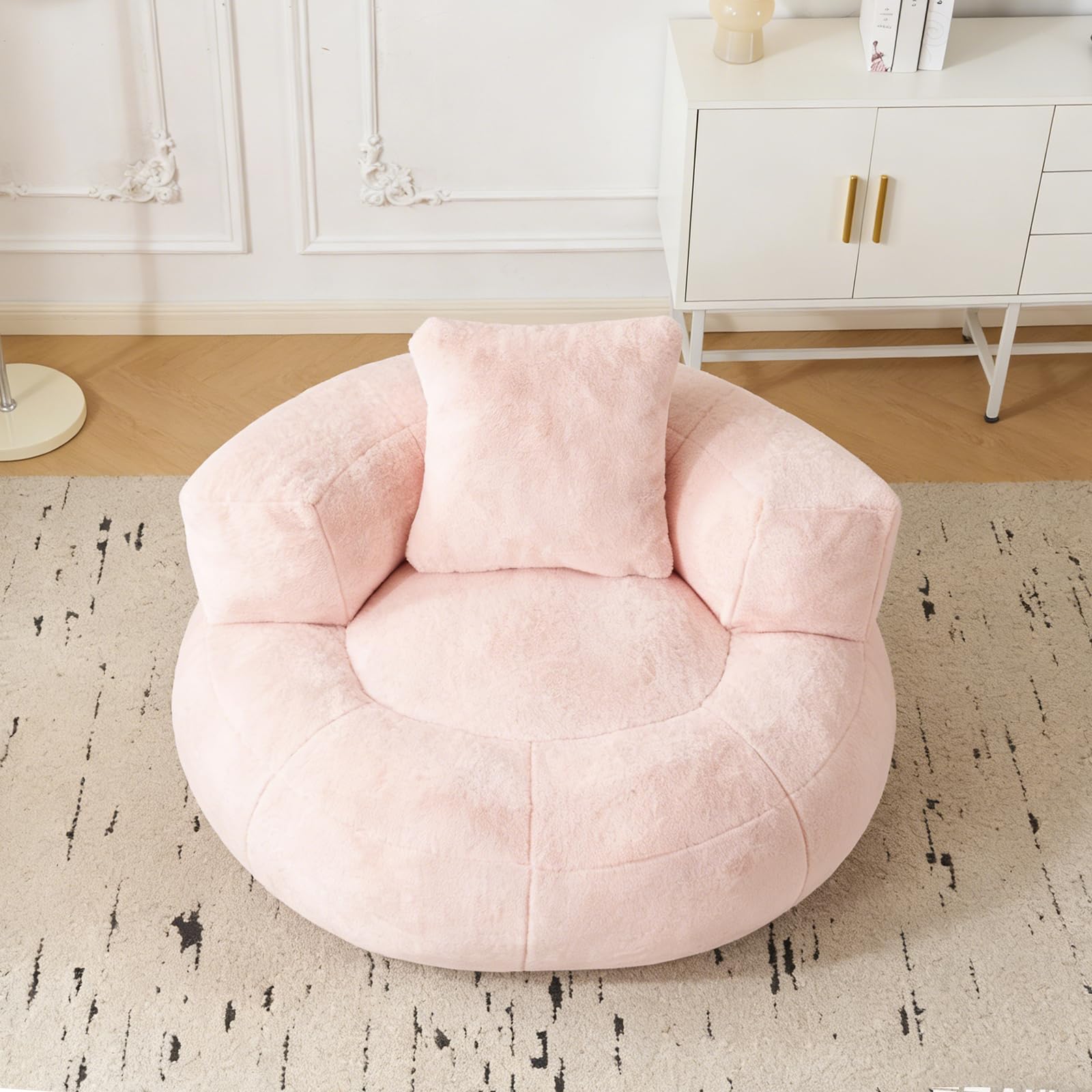 Sitzsack Erwachsene mit Füllung, Geräuschloser Runder Bean Bag mit Schaumstoff-Schnitzeln, Lesesessel & Gaming Sessel, Premium Kaninchenplüsch in Blütenform mit Kissen,Rosa