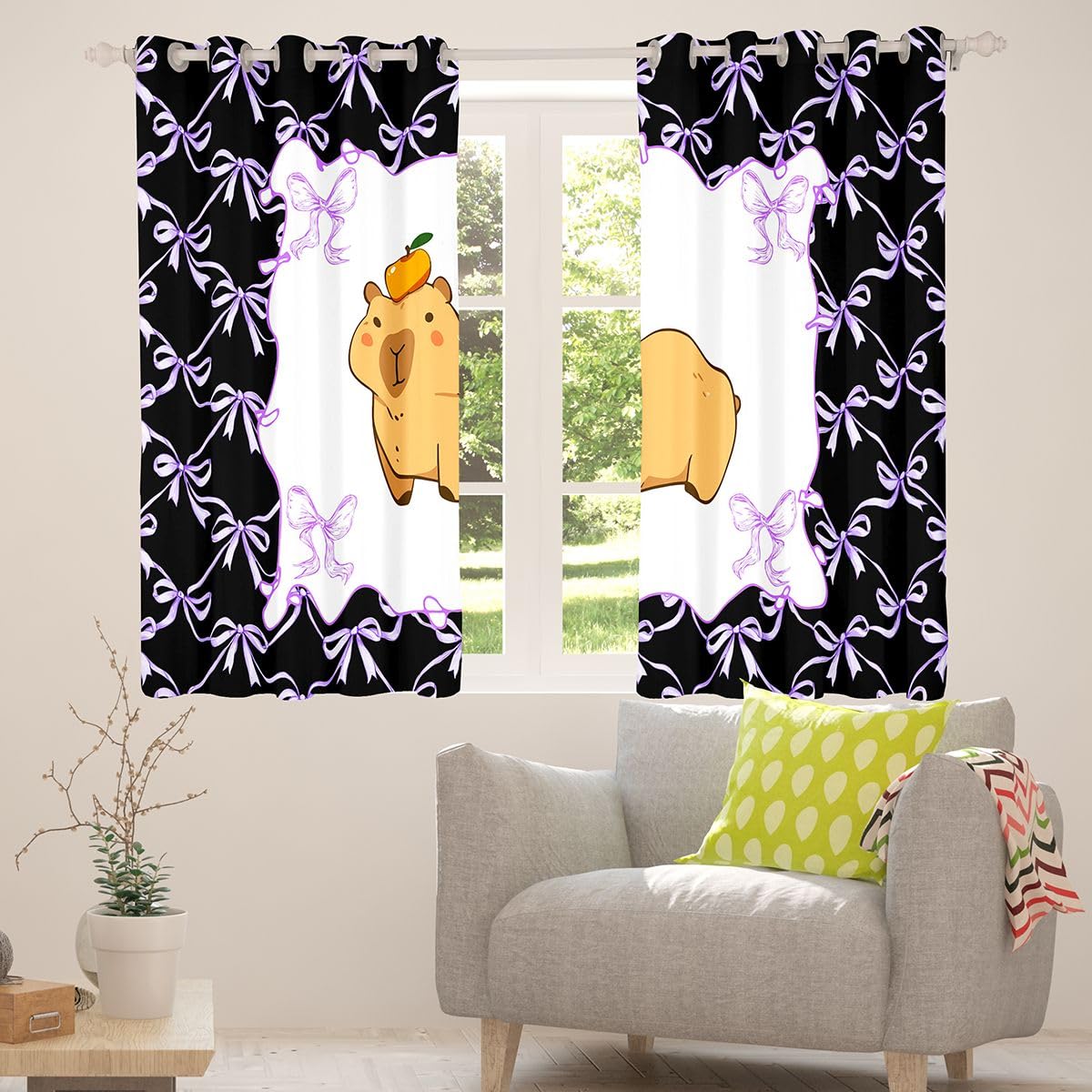 Homewish Urocze zasłony okienne kapibara, 117 x 137 cm, 2 zestawy paneli – czarno-fioletowa wstążka z kokardką, zasłony zaciemniające, kawaii, gryzonie, zwierzęta, kokardki, kokardki, muszka do