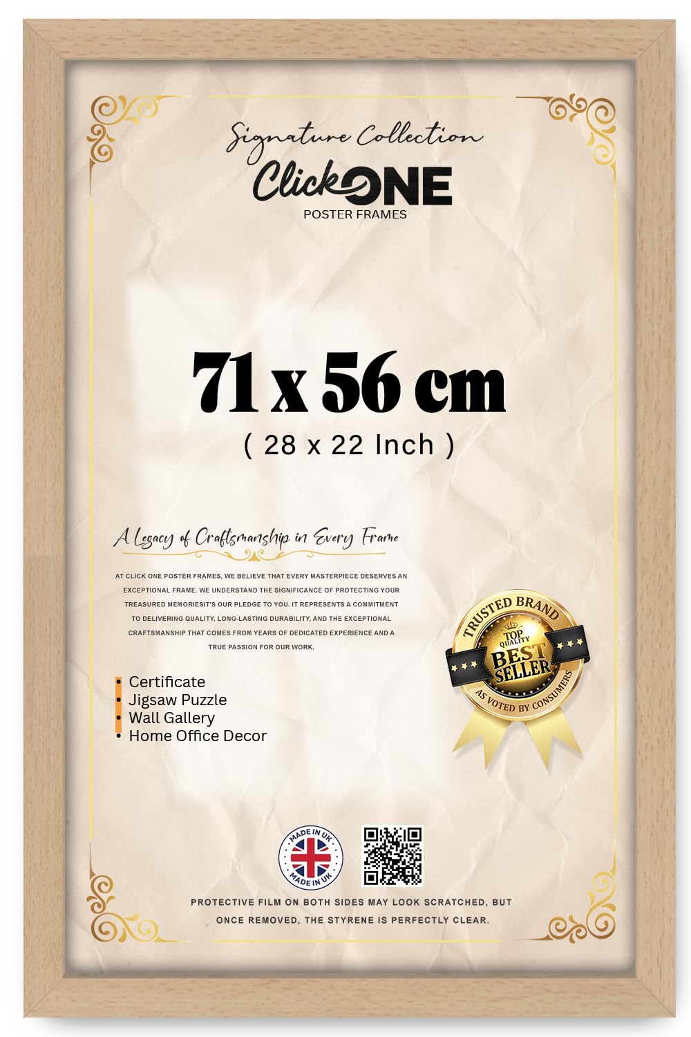 Click One Flat Style Rectangle Sturdy Poster Frame 71 X 56 CM Engineered Wood Styrene Front Wall Hanging Large For Posters And Art Prints 28 X 22 Inch Beech Finish Wall Display Easy Installation