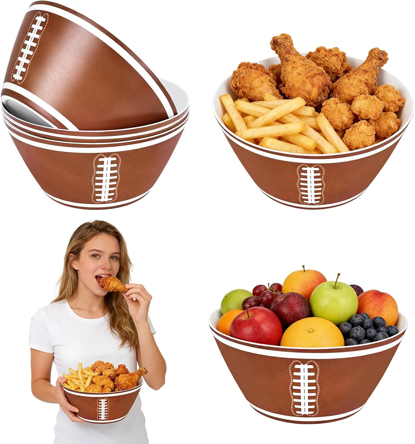 4 Pcs Large Football Bowls, Reusable Plastic Snack Salad Dessert Bowls, Brown Football Design Chip Bowls for Game Day Party, Tailgating Sports Events