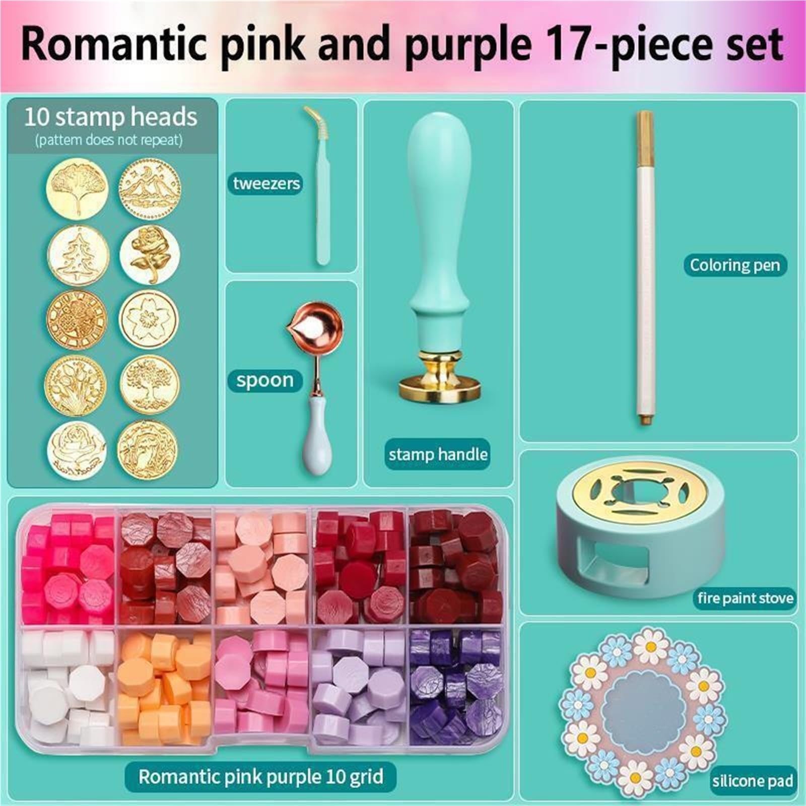 Ceralacca Set Di Timbri for Sigillo Di Ceralacca Kit Di Sigillatura Laccato | Forniture artigianali fai-da-te Scrapbooking Invito a nozze decorativo(Set 03-17pcs)