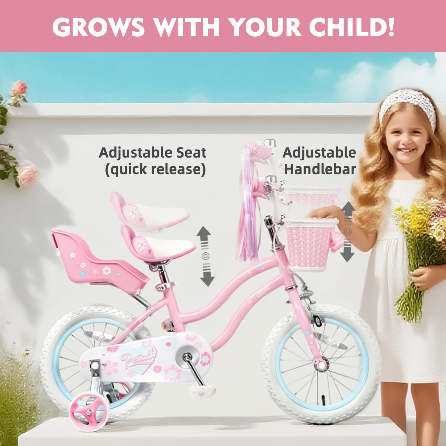 Bicicletta per Bambini 12 Pollici, Stile Principessa con Cestino e Rotelle di Supporto, Rosa