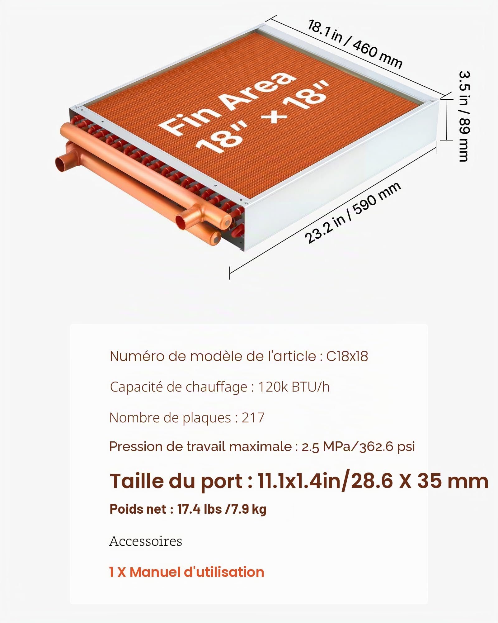 VEVOR Échangeur de Chaleur à Ailettes 457x457 mm, Échangeur Air-Eau CVC, Tubes Cuivre et Ailettes Aluminium, Capacité Thermique 35,2 kW, pour Chaudière à Bois, Chauffage Hydronique et Refroidissement