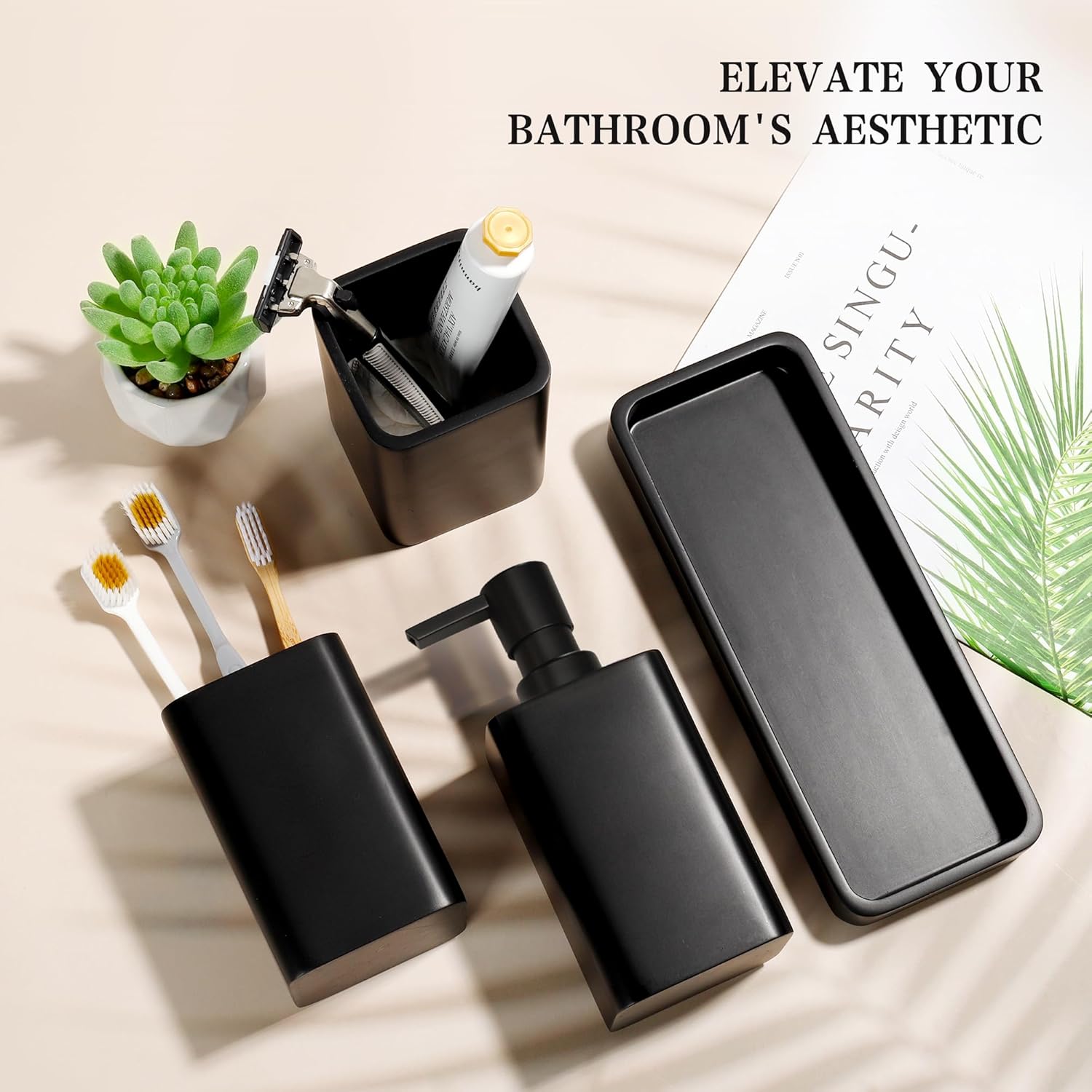Bathroom Accessories Set, 4 Pcs Bathroom Accessory Set, Soap Dispenser, Toothbrush Holder, Qtip Holder Set, Bathroom Sets Complete, Bathroom Sink Set for Modern Home,Matte Black - Image 4