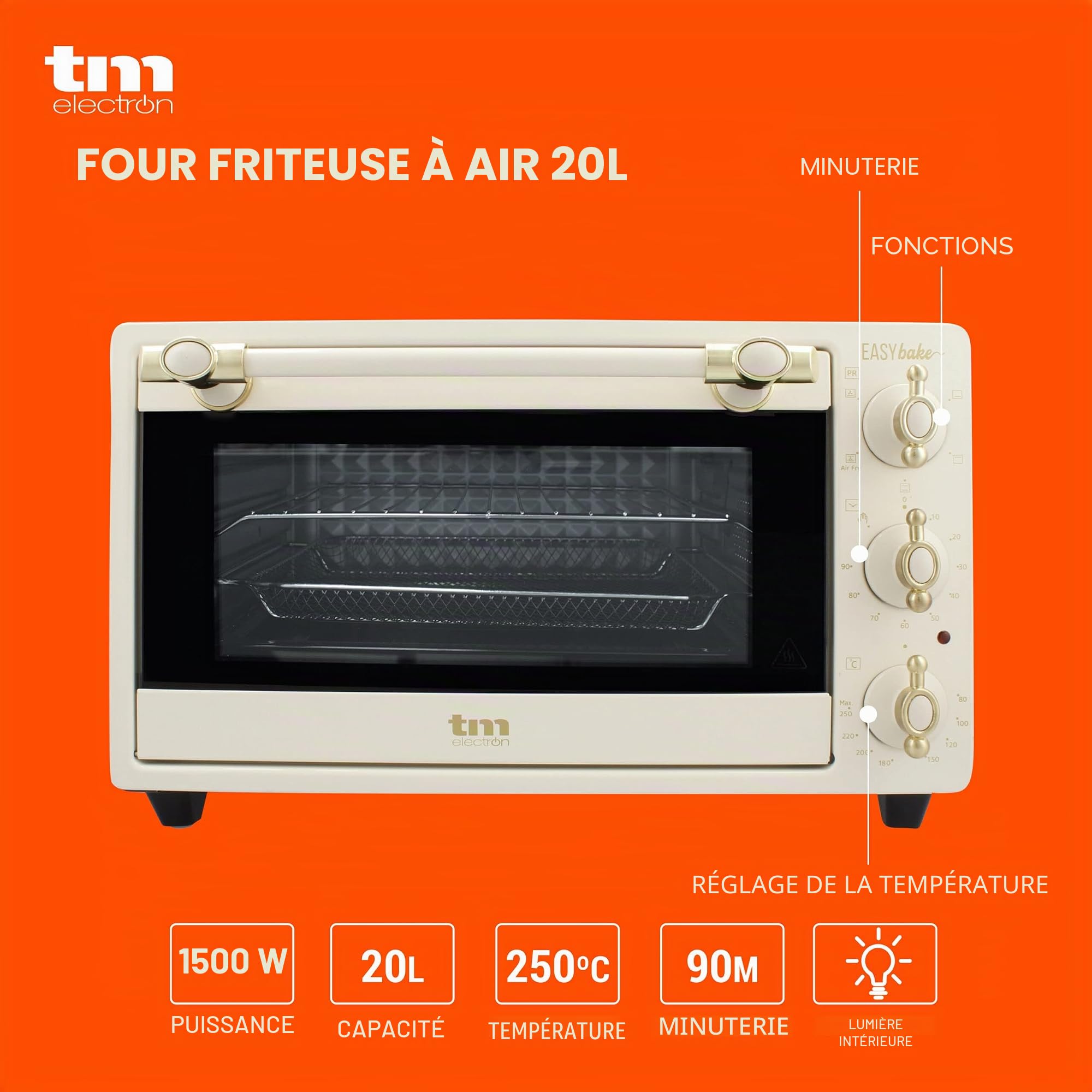 TM Electron EASYBAKE TMPHO020REB Mini four design rétro avec fonction friteuse sans huile, 20 litres, température réglable de 80 °C à 250 °C, 5 fonctions, 4 accessoires inclus