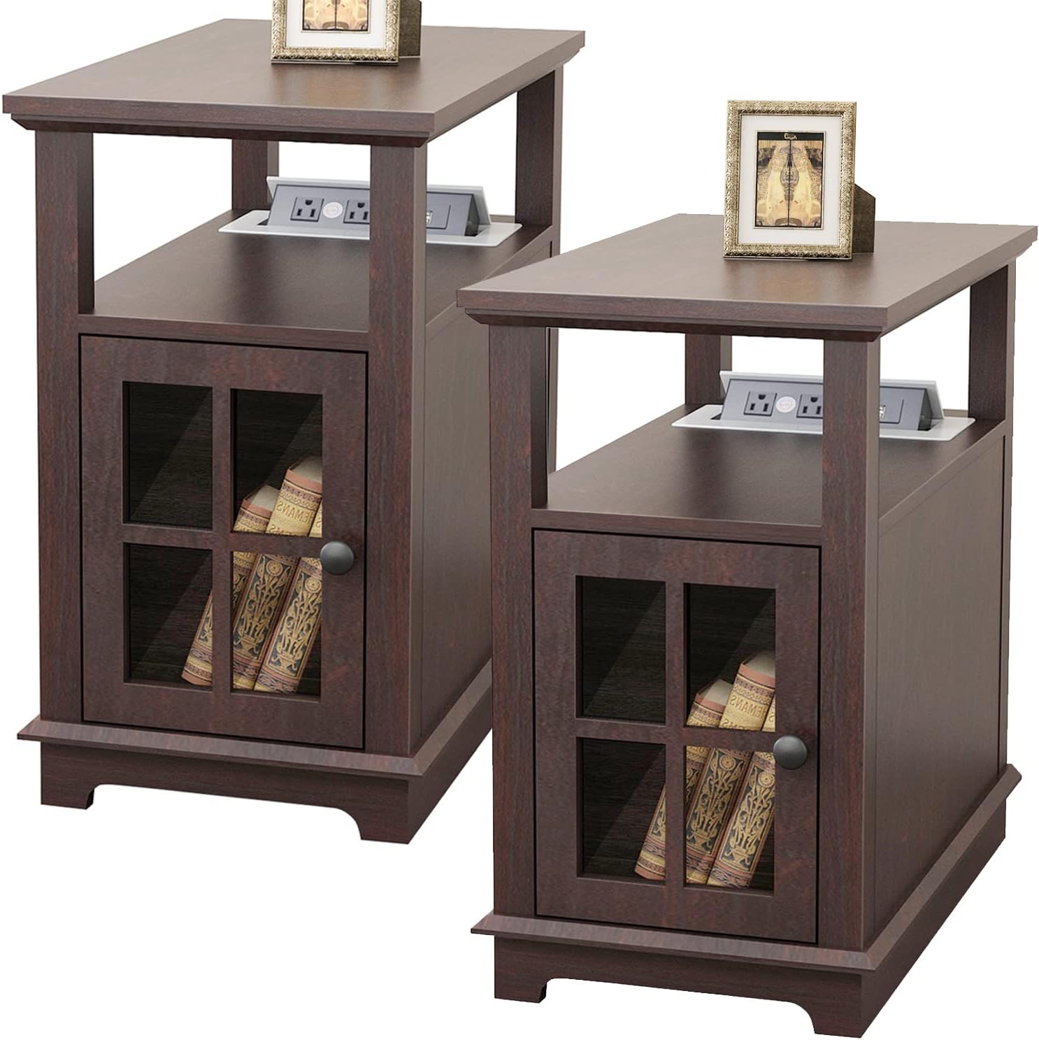 Amazon｜HIFYOBRO エンドテーブル 充電ステーション付き 2個セット サイドテーブル 収納付き コンセント2個&USBポート2個