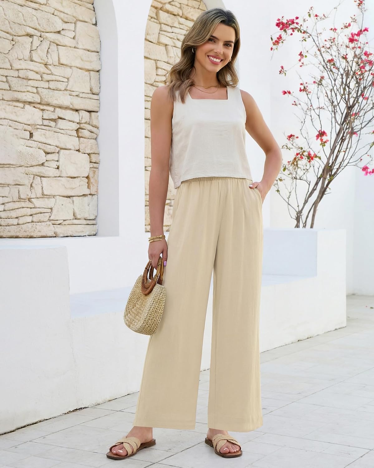 GRAPENT Linen Pants for Women Wide Leg High Waisted Paper Bag Smocked Waist Casual Summer Beach Vacation Palazzo Pants - Image 7