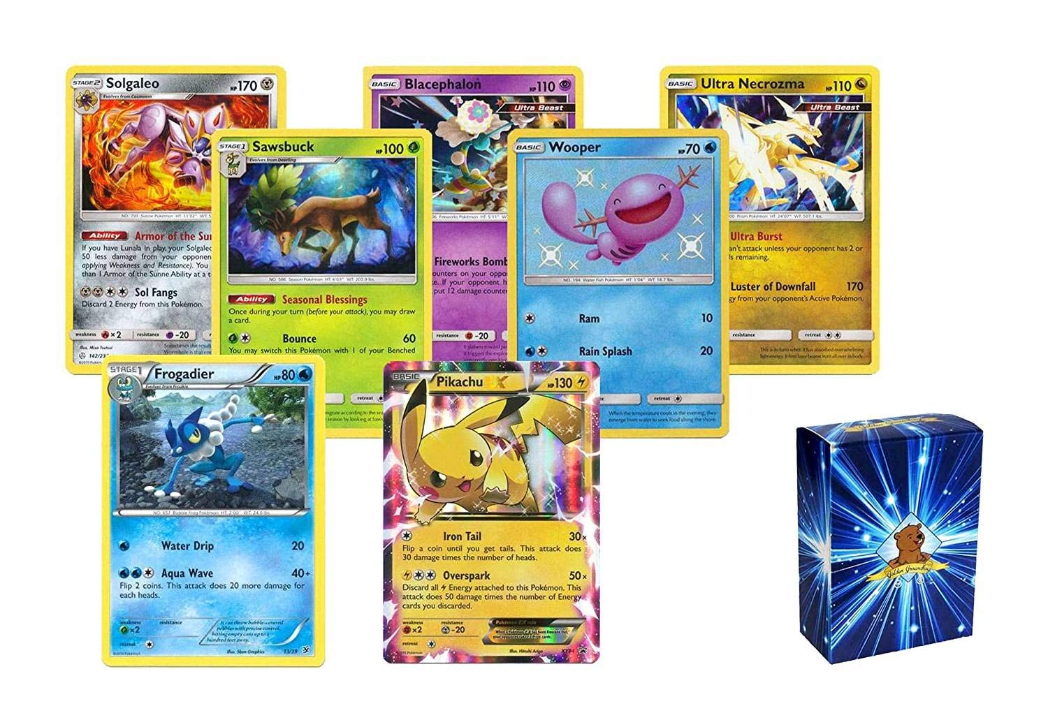 20 Assorted Pokemon Cards - 1 Rare Pikcahu and 19 Other Rare Cards -  Authentic and No Duplicates - Includes Golden Groundhog Deck Storage Box  That Holds 100 Cards! : Amazon.sg: Toys