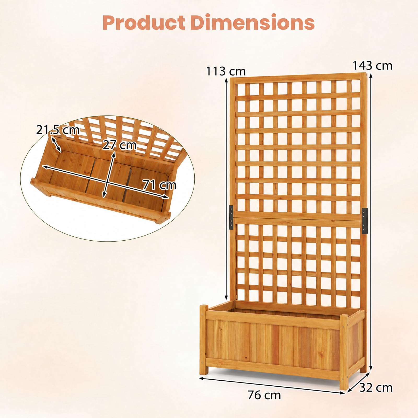HOMASIS Blumenkasten mit Sichtschutz, Pflanzkübel mit Rankgitter, Pflanzkasten aus Holz, Hochbeet Pflanzgefäß Rankkasten Gartenspalier Rankhilfe für Balkon Garten Terrasse (Orange, 76x32x143cm)