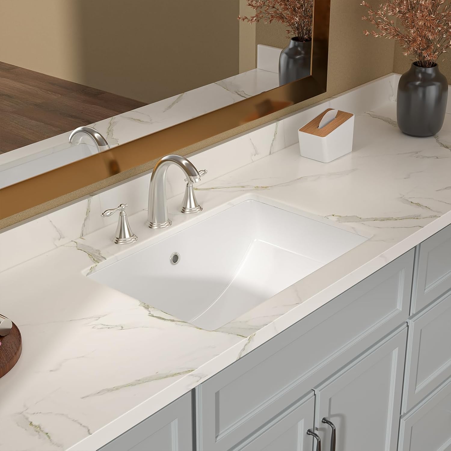 Lordear Rectangular Undermount Bathroom Sink 21x14 inch White Rectangle Bathroom Sinks Undermount White Porcelain Ceramic Lavatory Bathroom Vanity Sink with Overflow