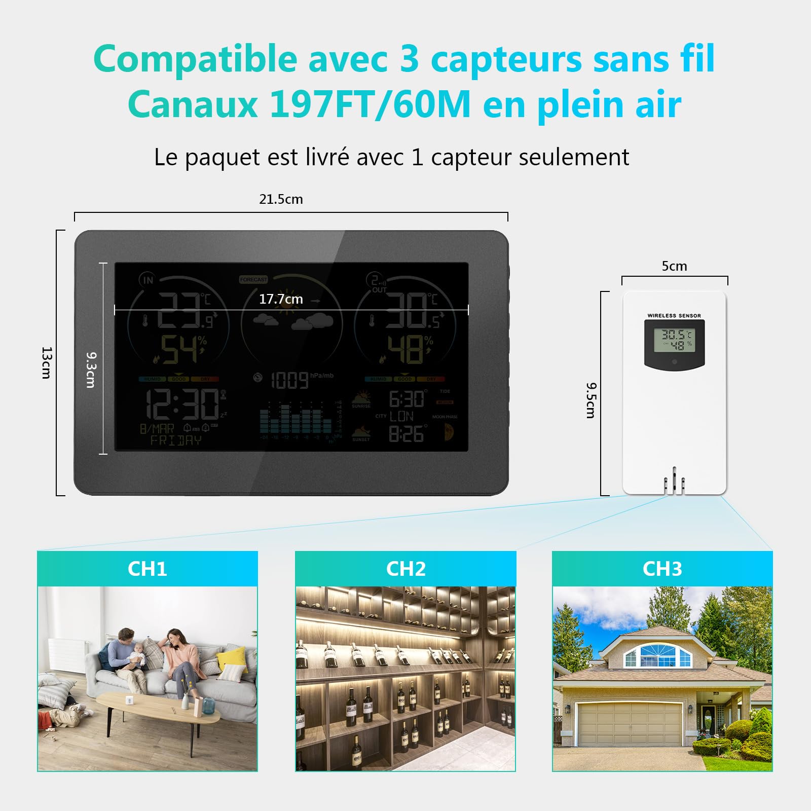 Station Météo Intérieur Extérieur Sans Fil avec 1 Capteur Extérieur