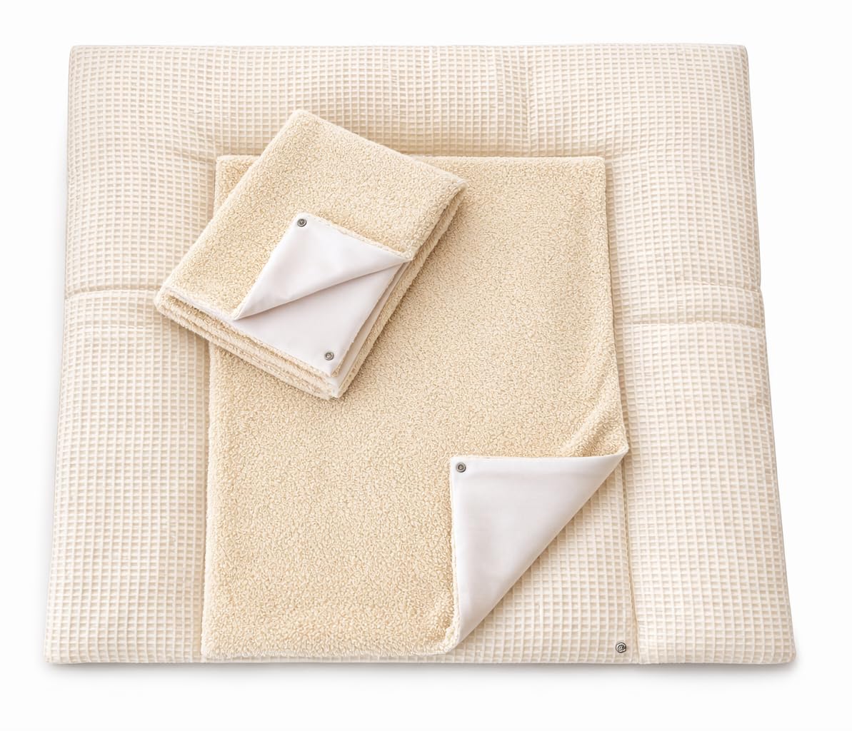 Wickelauflage Set 3-teilig – Wickelunterlage aus Waffelstoff mit Druckknöpfen – Baby Wickelauflage mit 2 Frottee Overlays – Wickeltischauflage – 75x75 cm (Breite x Tiefe), Hellbeige