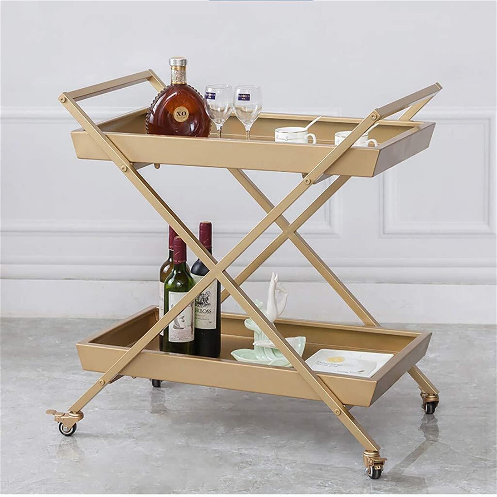 2 Couches Or Fer Service Chariot Restaurant Hôtel Bar Vin Roue À Eau Chariot De Stockage Multifonctionnel (Or, 80 * 78 * 45CM)