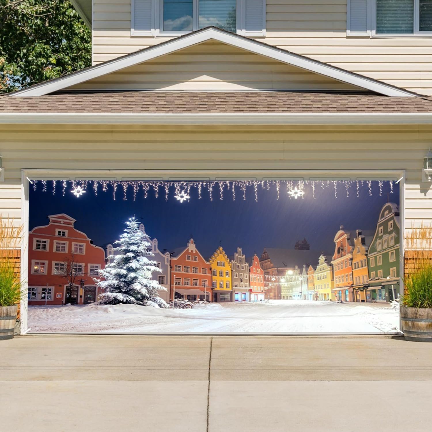 German Christmas Winter Garage Door Decorations Christmas Night in German Town by Munich Snow Scene Garage Door Cover Christmas Market Holiday Garage Door Banner Cover Muraloto 10x8ft Polyester