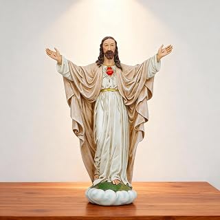 10.23 Inch Sacred Heart of Jesus Statue - Hand Painted Open Arms Catholic Figurine - Warm Resin Sculpture Religious Decor for Home Altar, Living Room & Christian Gifts