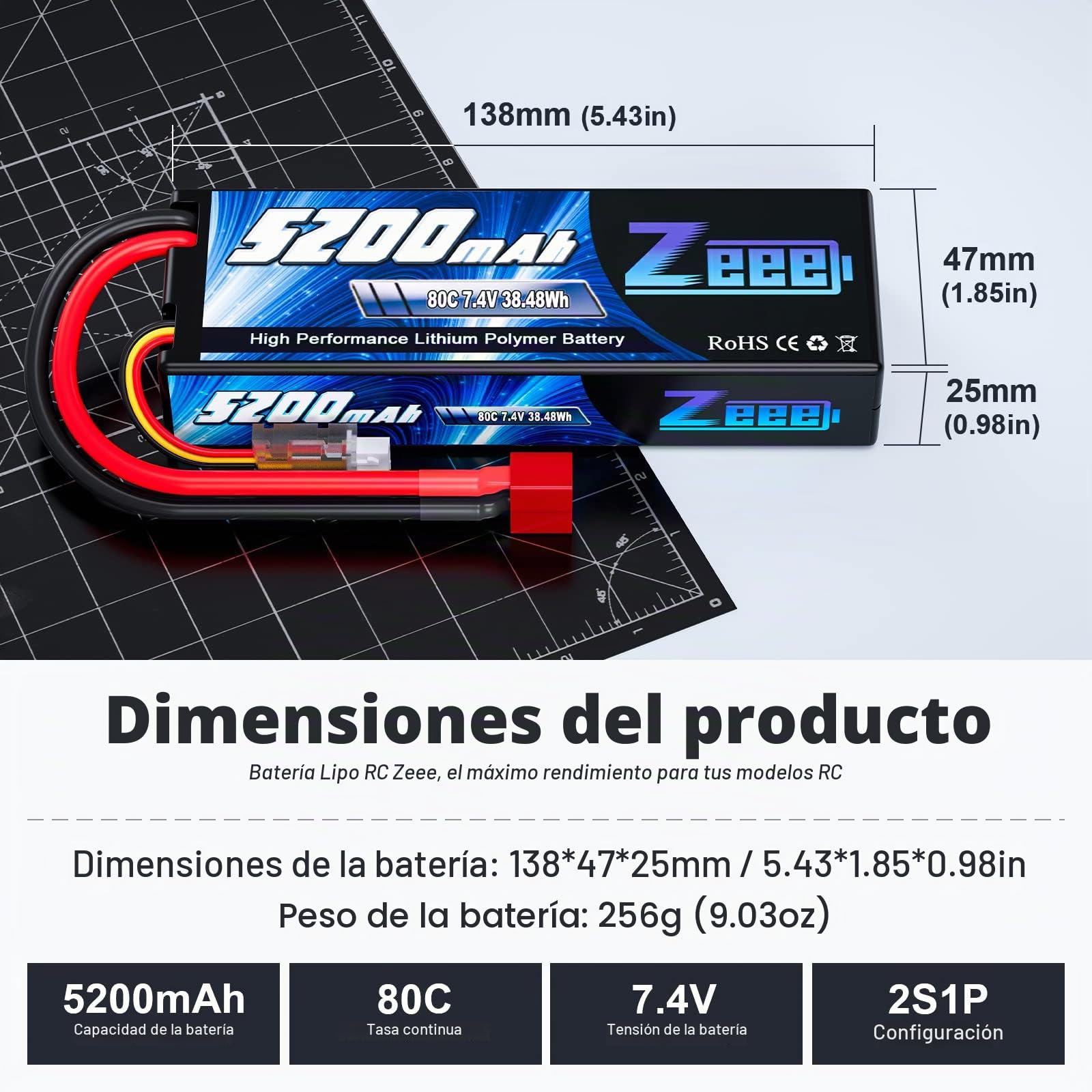 Zeee 2S Lipo Batería 5200mAh 7.4V 80C RC RC Baterías con Conector Deans T para RC Evader Bx Auto Car Truck Truggy RC Hobby