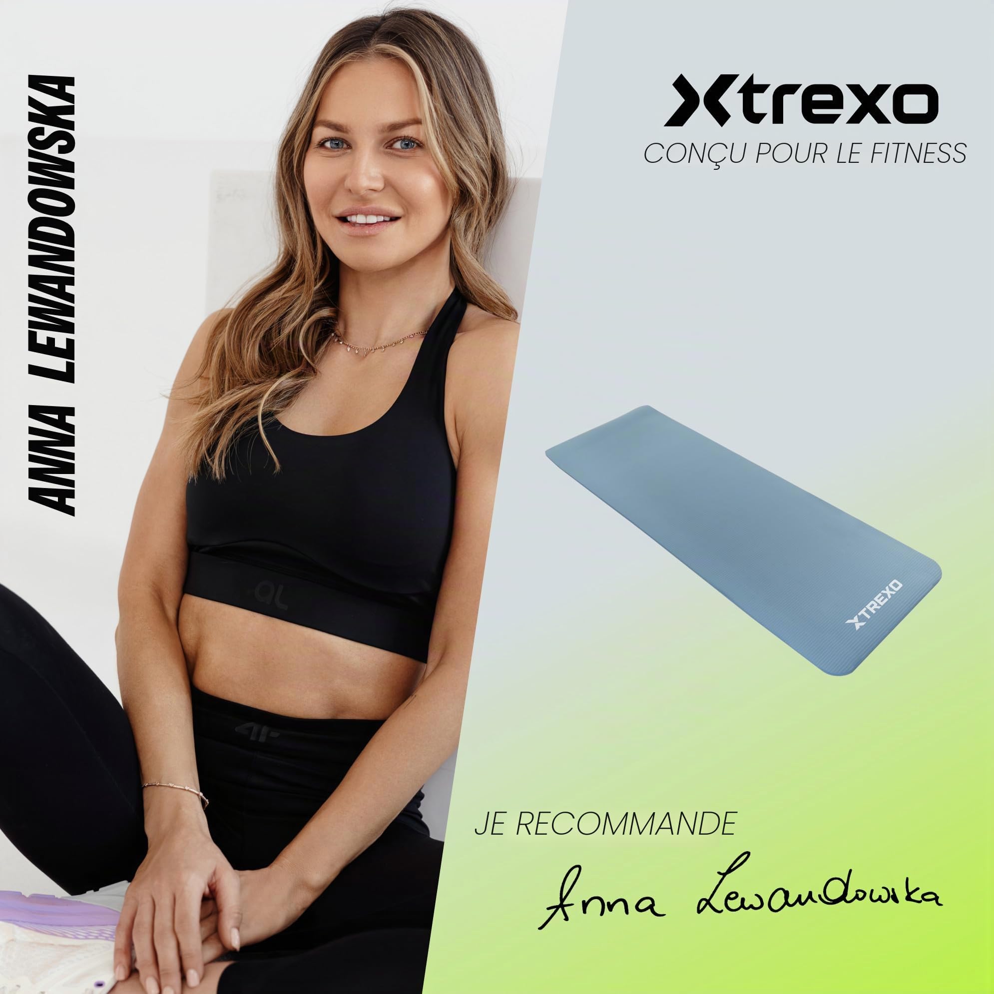 TREXO Tapis d'Exercice en NBR 183 x 61 cm Matériau Exceptionnellement Durable et Flexible 15 mm d'Épaisseur avec Structure Antidérapante dans l'Ensemble avec Sangle pour Porter
