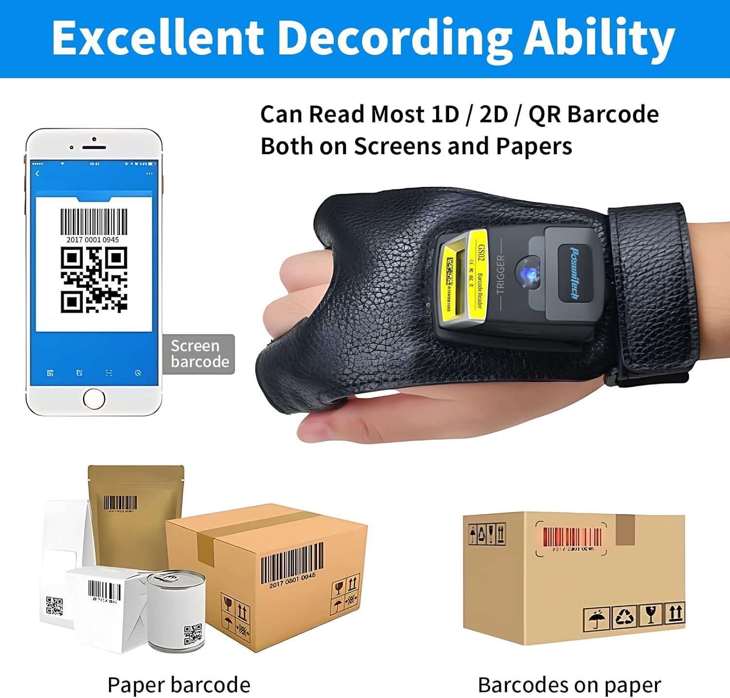 Glove Barcode Scanner 2D GS02 Wearable Zebra SE4107 Reader IP65 Touch Scanning NFC Support Multi-Language for Warehouse, Management System,