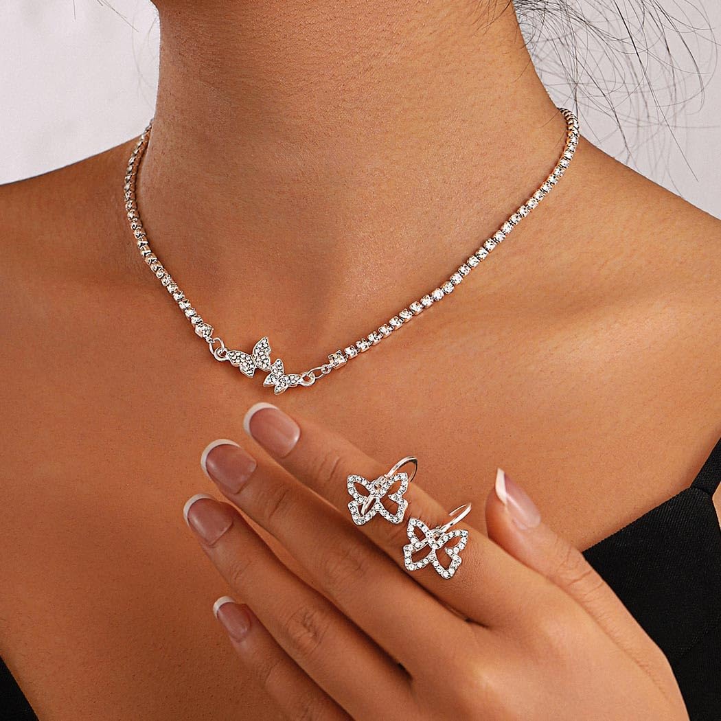 ACEDRE Butterfly Jewelry Set Silver Rhinestone 3Pcs for Women | Sparkly Crystal Necklace Chain Bracelet Earrings,Prom Costume Accessories