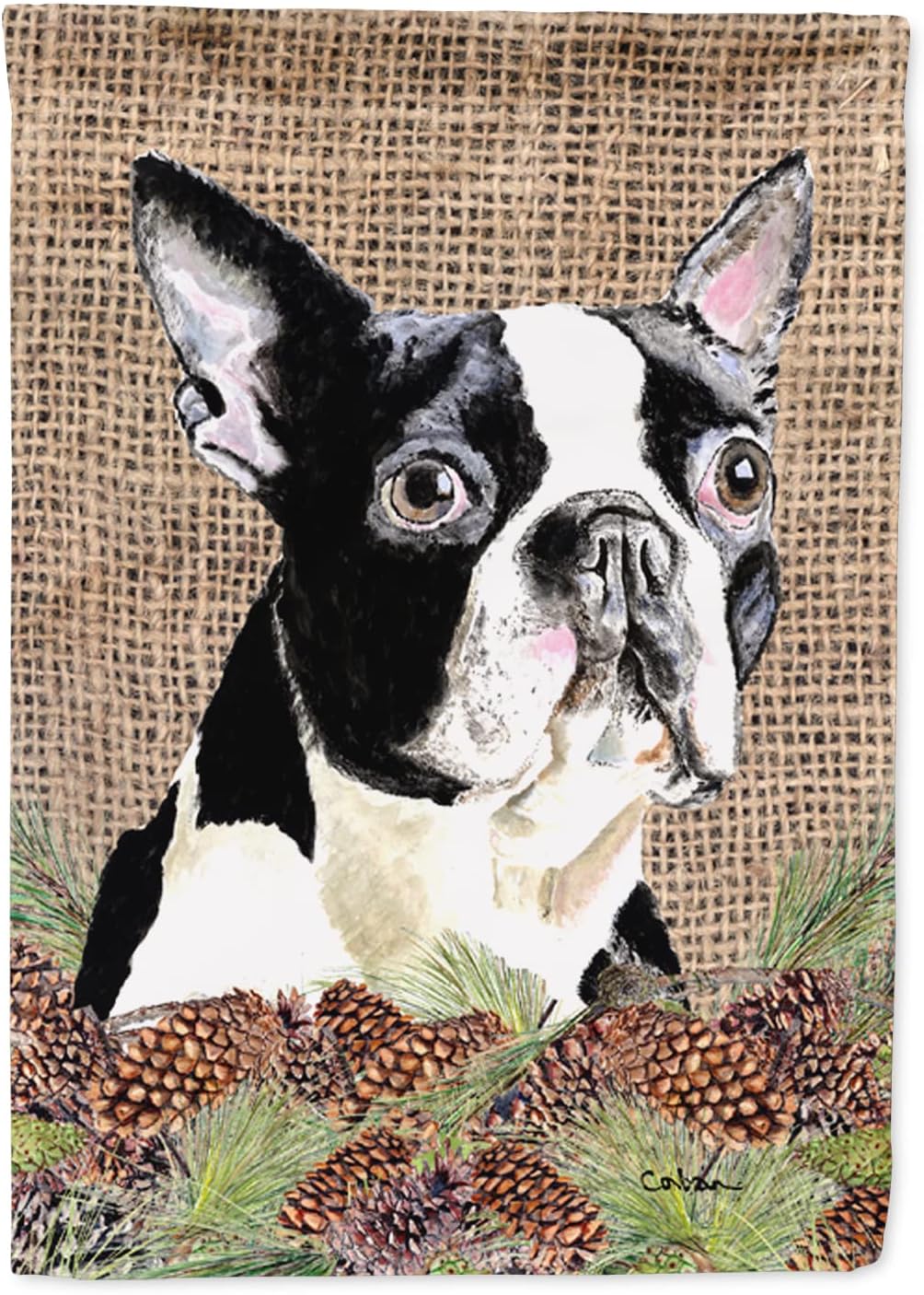 Caroline's Treasures SC9051CHF Boston Terrier Faux Burlap and Pine Cones House Flag Large Porch Sleeve Pole Decorative Outside Yard Banner Artwork Wall Hanging, Polyester, House Size, Multicolor