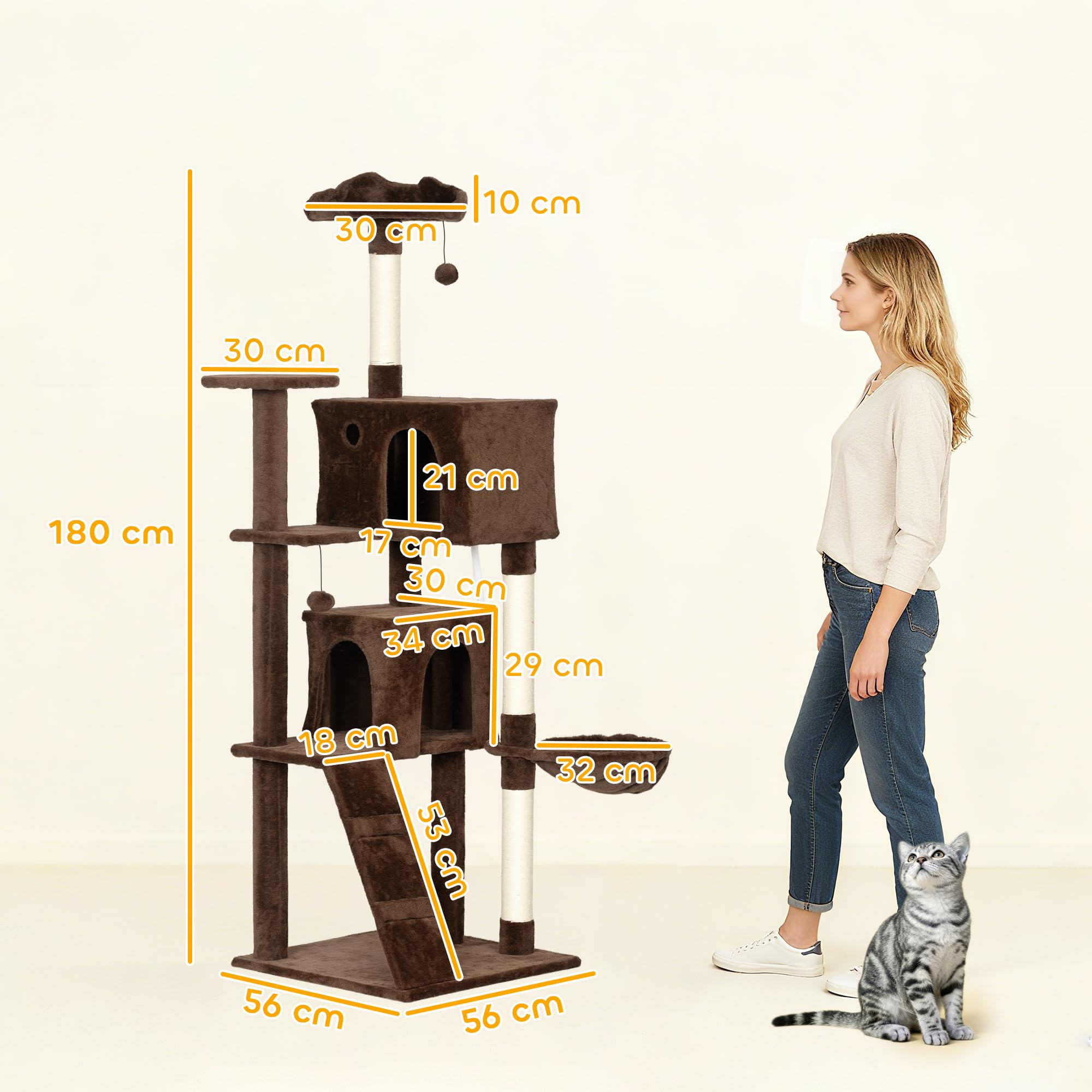PawHut Arbre à Chat griffoir avec Tour d'escalade 180 cm Marron | Arbre à chat, plateformes multiples, lit, 2 grottes, hamac, échelle, poteaux en sisal, balles de jeu