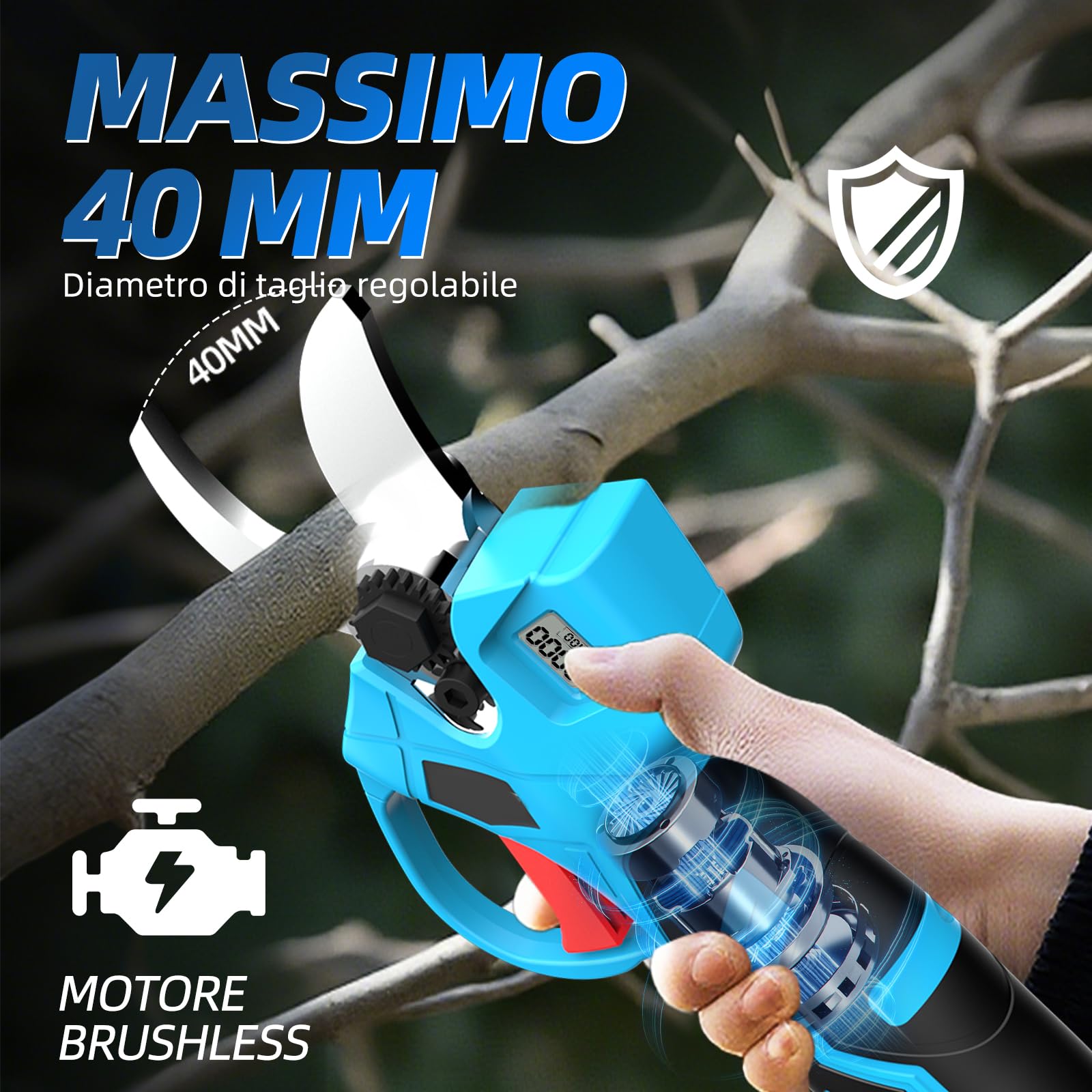 4 in 1 Potatore a batteria Motosega Mini da 15 cm (6″) con asta telescopica (2,5 m) + Cesoia elettrica 35 mm, incl. 2 batterie 21V – perfetto per la cura degli alberi e il taglio dei rami