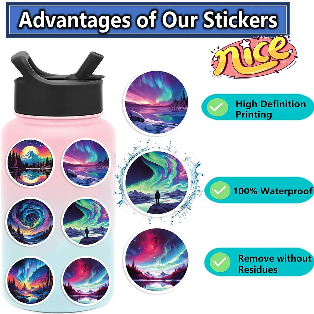 50 Pcs Northern Lights Stickers for Kids Teens Adults Boys Girls Gift,Northern Lights Stickers Pack for Laptop,Skateboard,Luggage,Car,Bike - Image 3
